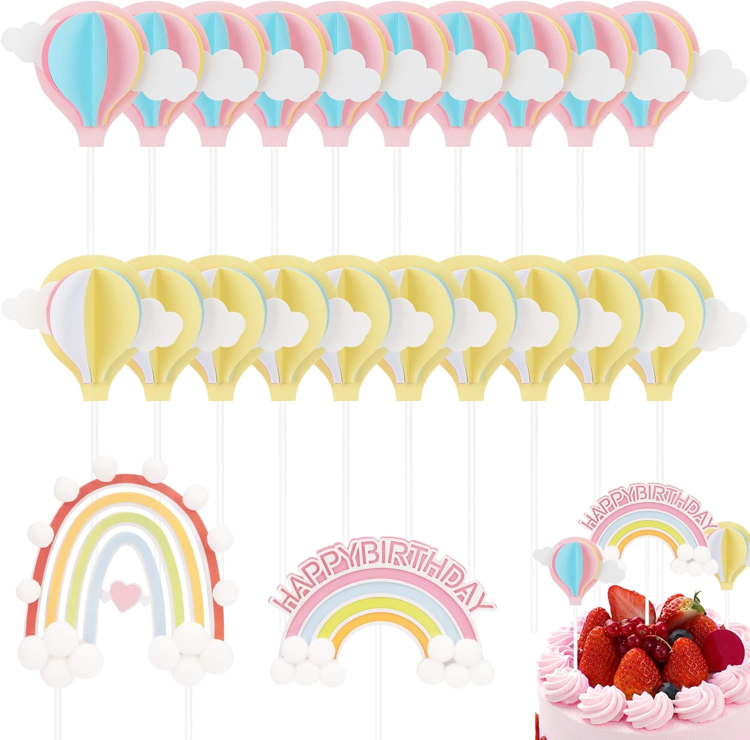 Hannafires (22PCS) 2 Rainbow Pom Pom Cake Toppers & 20 3D Pink & Yellow Balloon Decorations &ndash; Heart-Shaped Cake Picks for Baby, Little Princess Birthday Parties & Baking