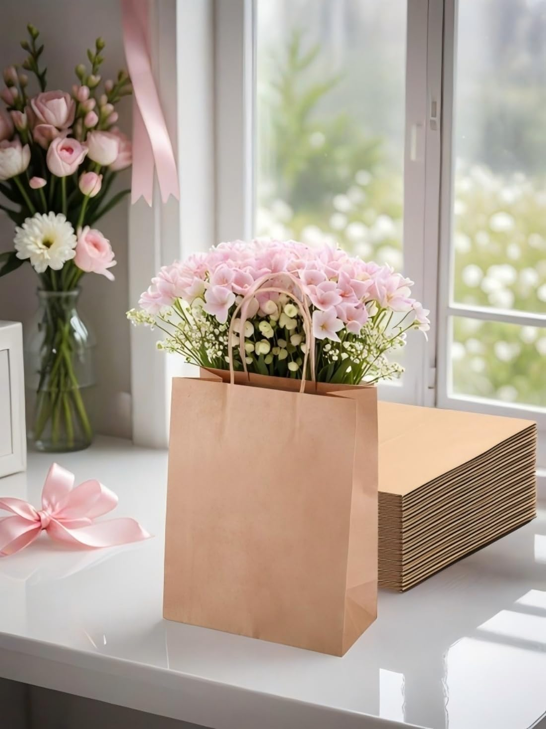 50 Pack Kraft Paper Gift Bags with Handles - Small Brown Gift Bags for Business, Shopping, Retail Merchandise - Eco-Friendly Party Bags - 15 X 8 X 21Cm image number 1