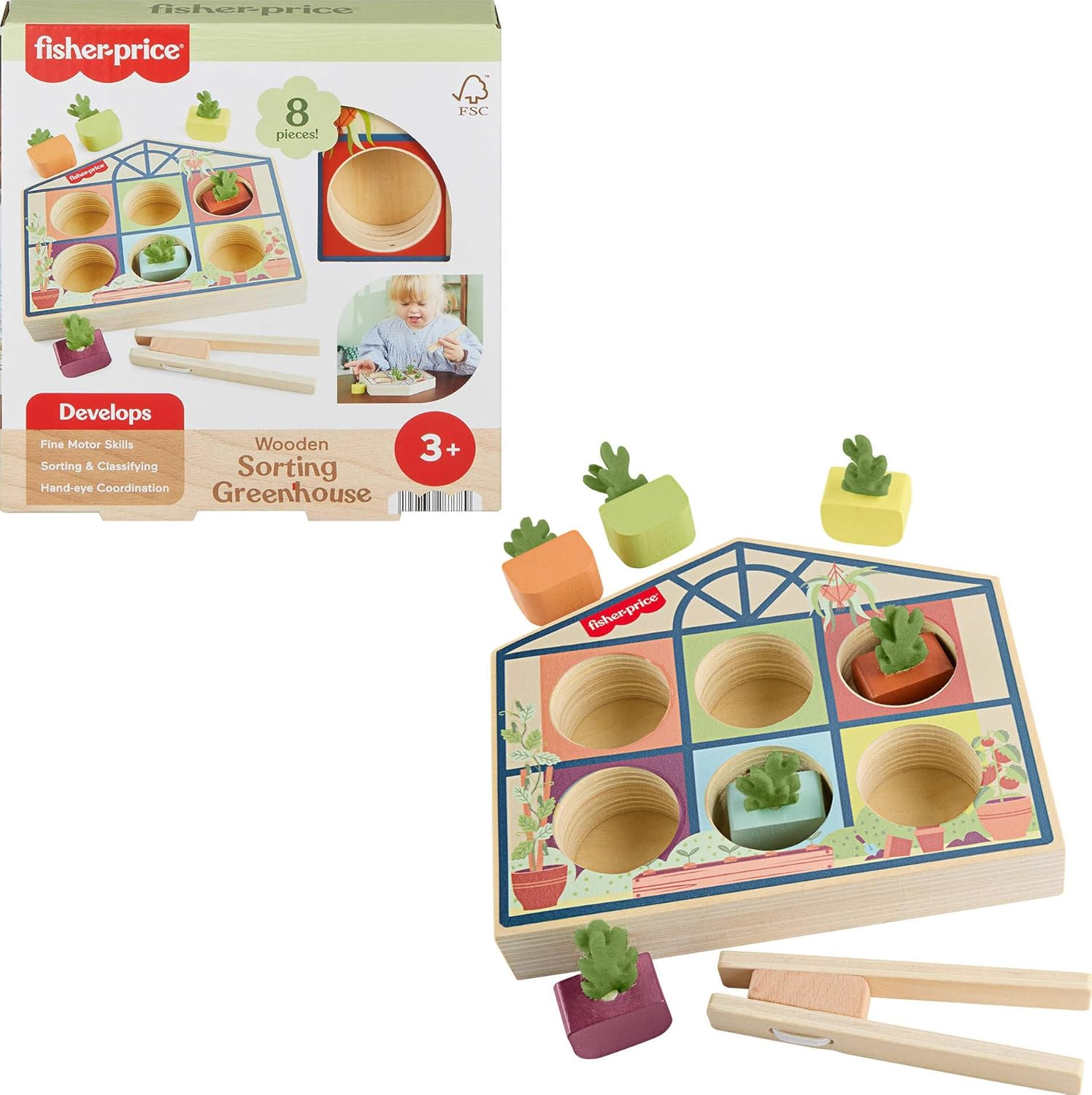 Fisher-Price Wood Preschool Toy Sorting Greenhouse, Tiny Garden Wooden Activity for Fine Motor Developmental Play Kids Ages 3+ Years​ image number 2