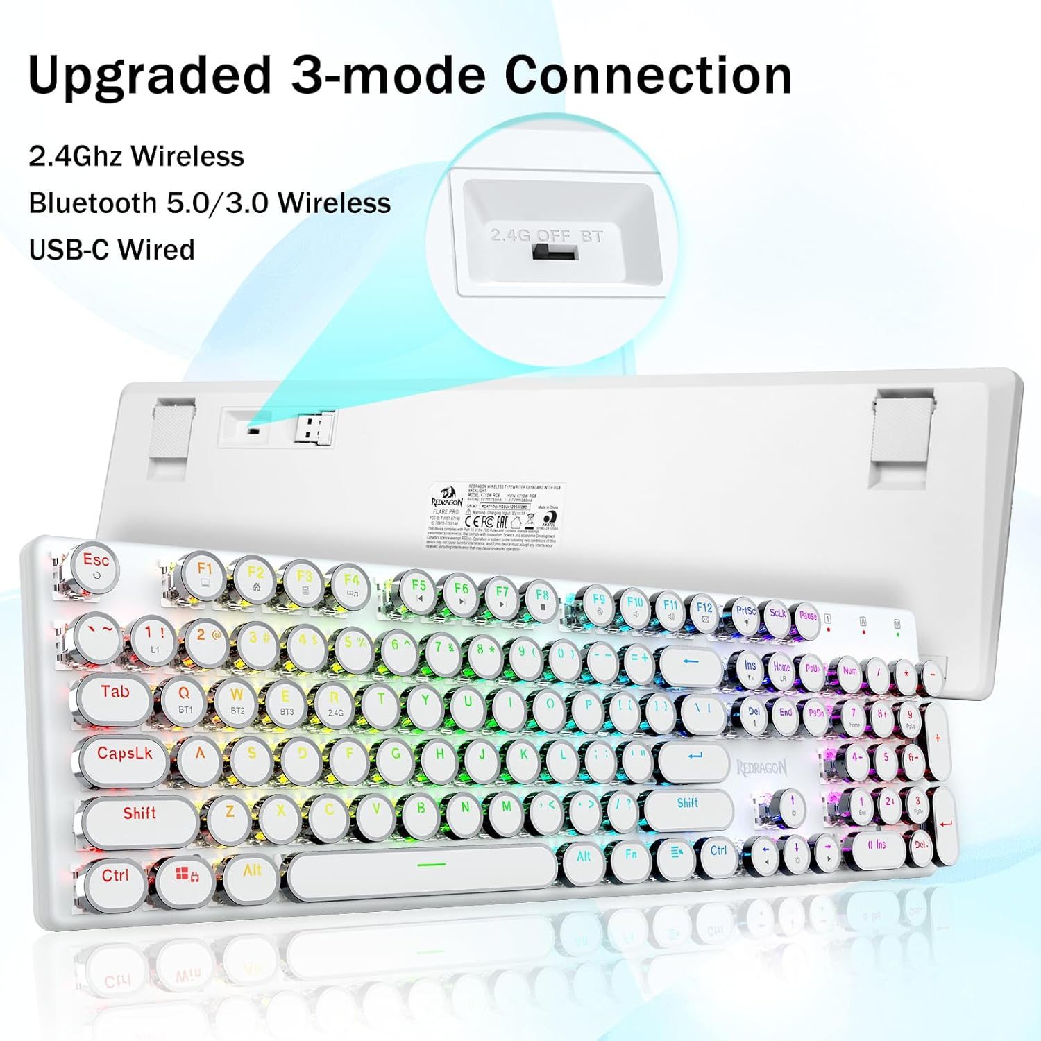 Redragon K710 Wireless Typewriter Style Mechanical Gaming Keyboard, Bluetooth/2.4Ghz/Wired, RGB Backlit, Rechargeable, Blue Switch - Clicky, Metal Panel, round Keycaps, White