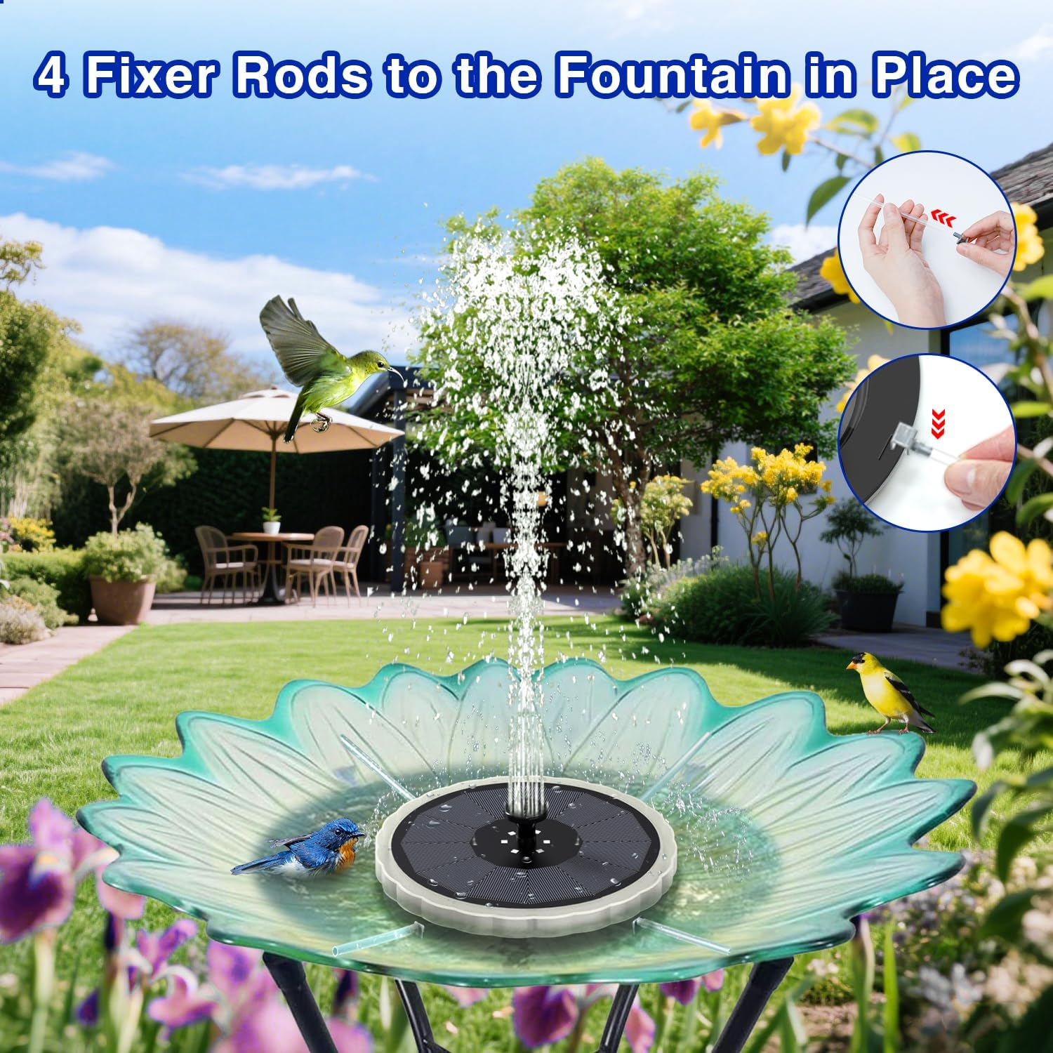 SZMP Solar Fountain, 4W Solar Powered Bird Bath Fountains with 4000 Battery, Color LED Lights, Outdoor Water Feature Fountain Pump with 7 Nozzle and 4 Fixers for Garden, Patio, Pond, and Pool image number 5