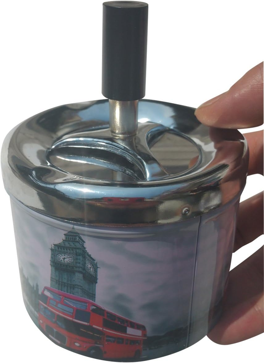 Coralpearl Smokeless Metal Tin Push down Ashtray for Cigarettes Cigars with Spinning Tray Lid Covered Portable Ash Tray Bucket for Home Tabletop,Patio,Sand,Car,Auto,Outdoors,Indoors (British 1) image number 5