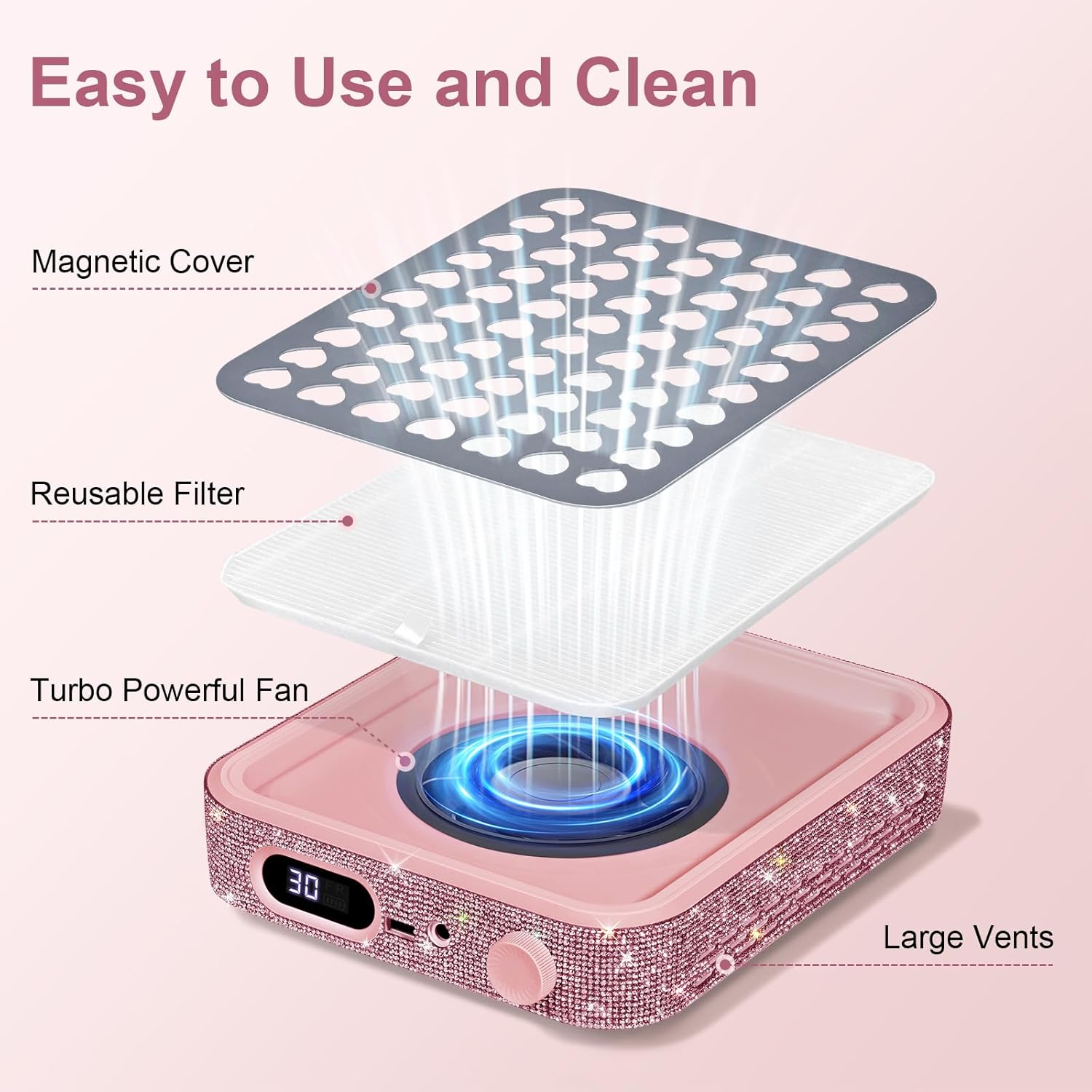 Ludysic Nail Dust Collector with 2 Reusable Filters,Nail Vacuum Dust Collector Quiet for Nail Tech Art, Powerful Nail Fan and Duster Collector,Nail Vacuum Cleaner for Salon and Home(Pink Diamond) image number 1