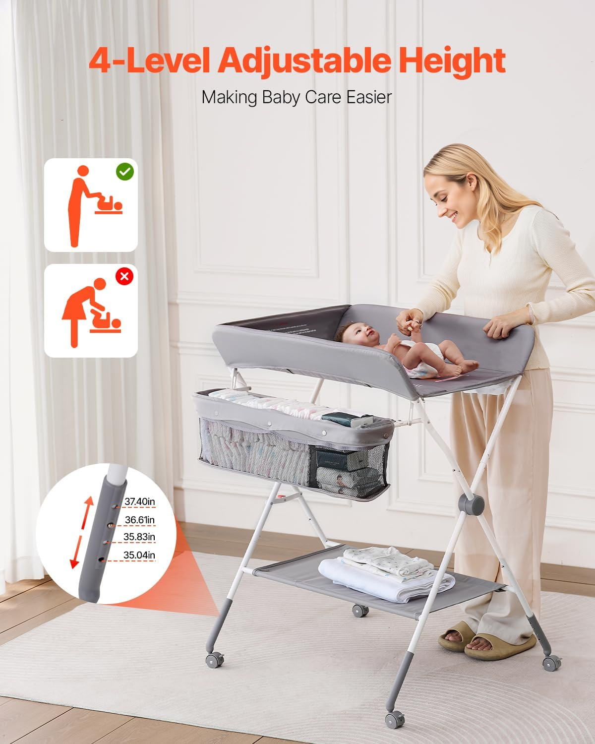 VEVOR Baby Changing Table, Foldable Diaper Change Station with Side Basket, Adjustable Height Portable Changing Table with Lockable Wheels, Multi-Functional Storage Organizer Nursery, Light Gray image number 5