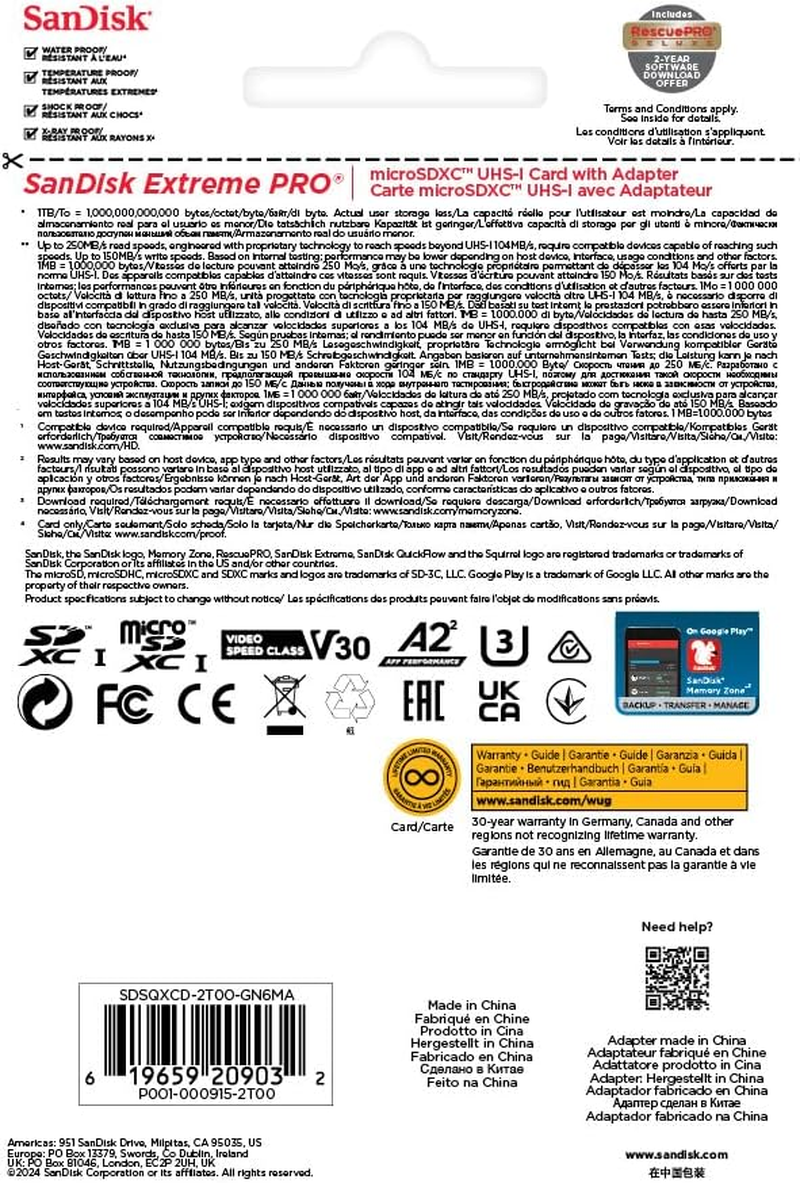 Sandisk Extreme PRO Micro SD Card + SD Adapter 2TB (For Smartphones, Action Cams, Drones, Speeds up to 250 Mb/S, 5K, 4K UHD) A2 App Performance + Rescuepro Deluxe UHS-I, C10, U3, V30