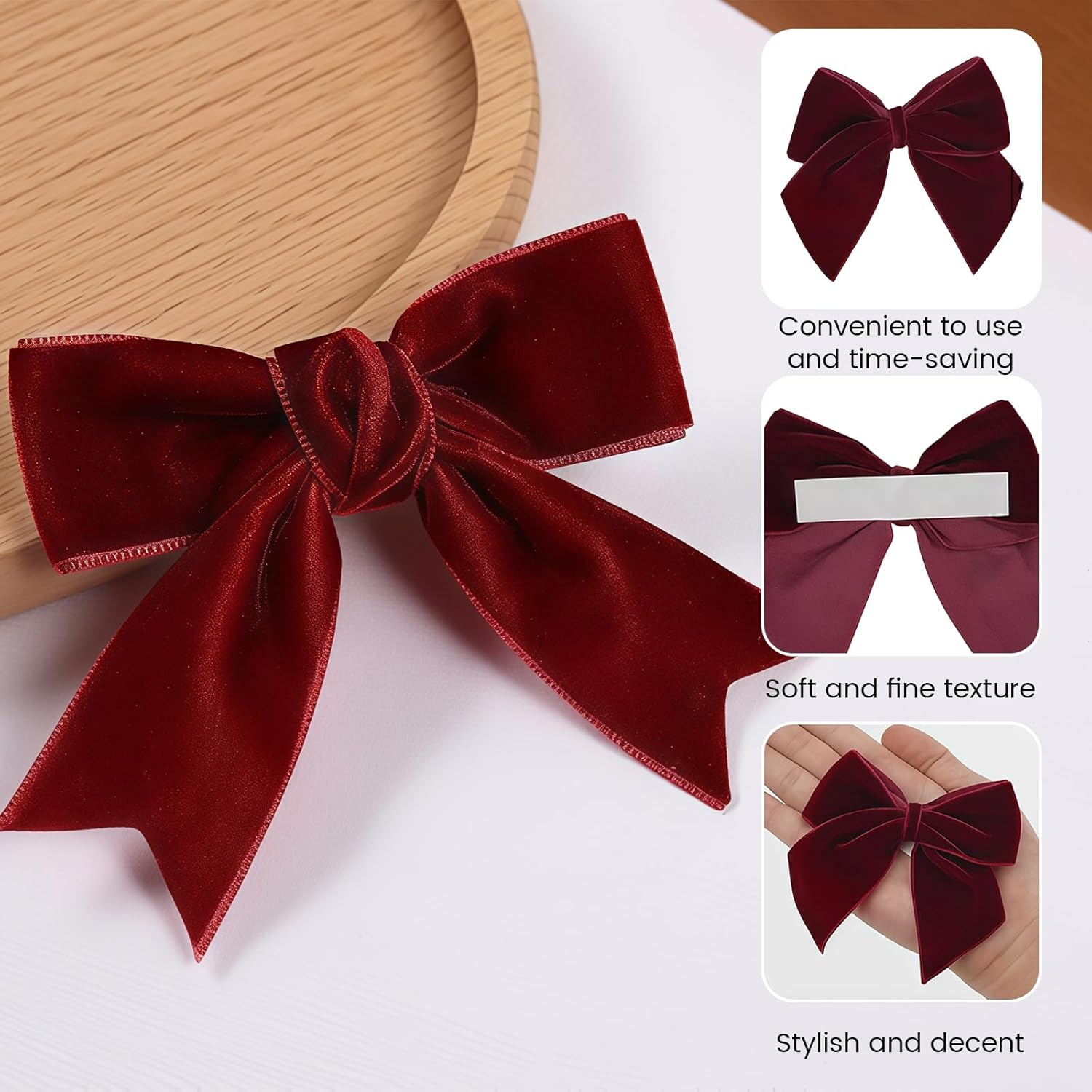 Pack of 12 Velvet Hair Clips Girls, 7.6 Cm Hair Bow Women, Hair Accessory for Teenagers, Toddlers, Women for Party, Christmas, Carnival, Everyday Use (Burgundy) image number 1