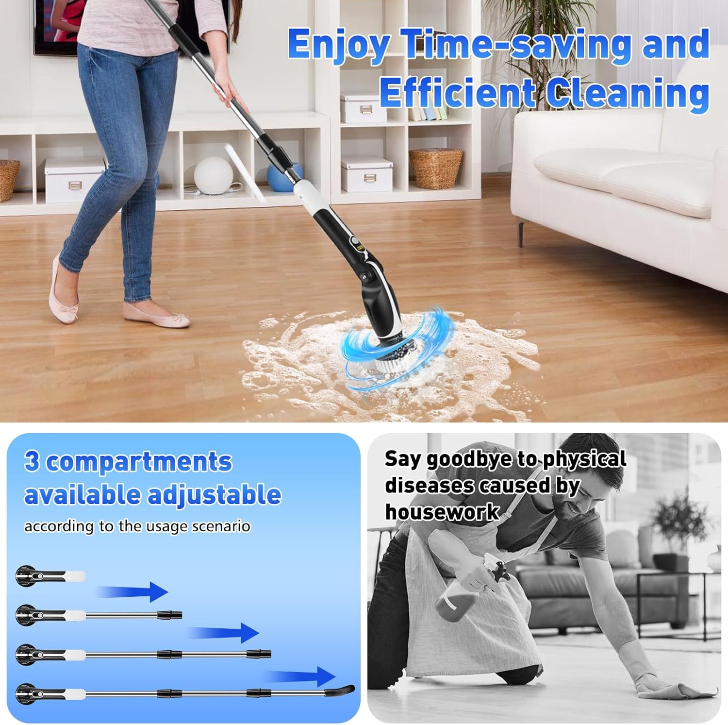 Electric Pin Scrubber: Cordless Electric Cleaning Brush with 9 Replaceable Brush Heads, 3 Speed Shower Power Scrubber with Adjustable Handle, for Floor Wall Tile Car Sink Shower Tub Bathroom image number 2