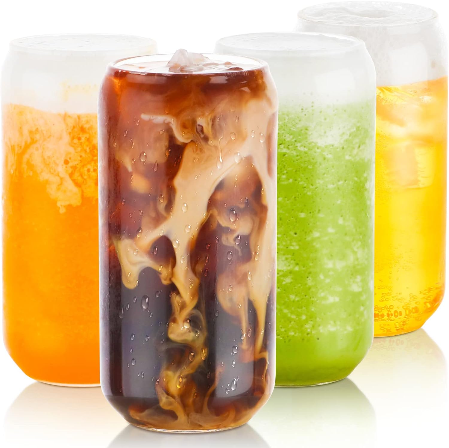 Drinking Glass Set of 4, 500Ml Can Shaped Glasses Cups, Iced Coffee Glasses, Beer Tumbler, for Whiskey, Soda, Tea, Juice, Gift, with Lid, Straw and Sleeve