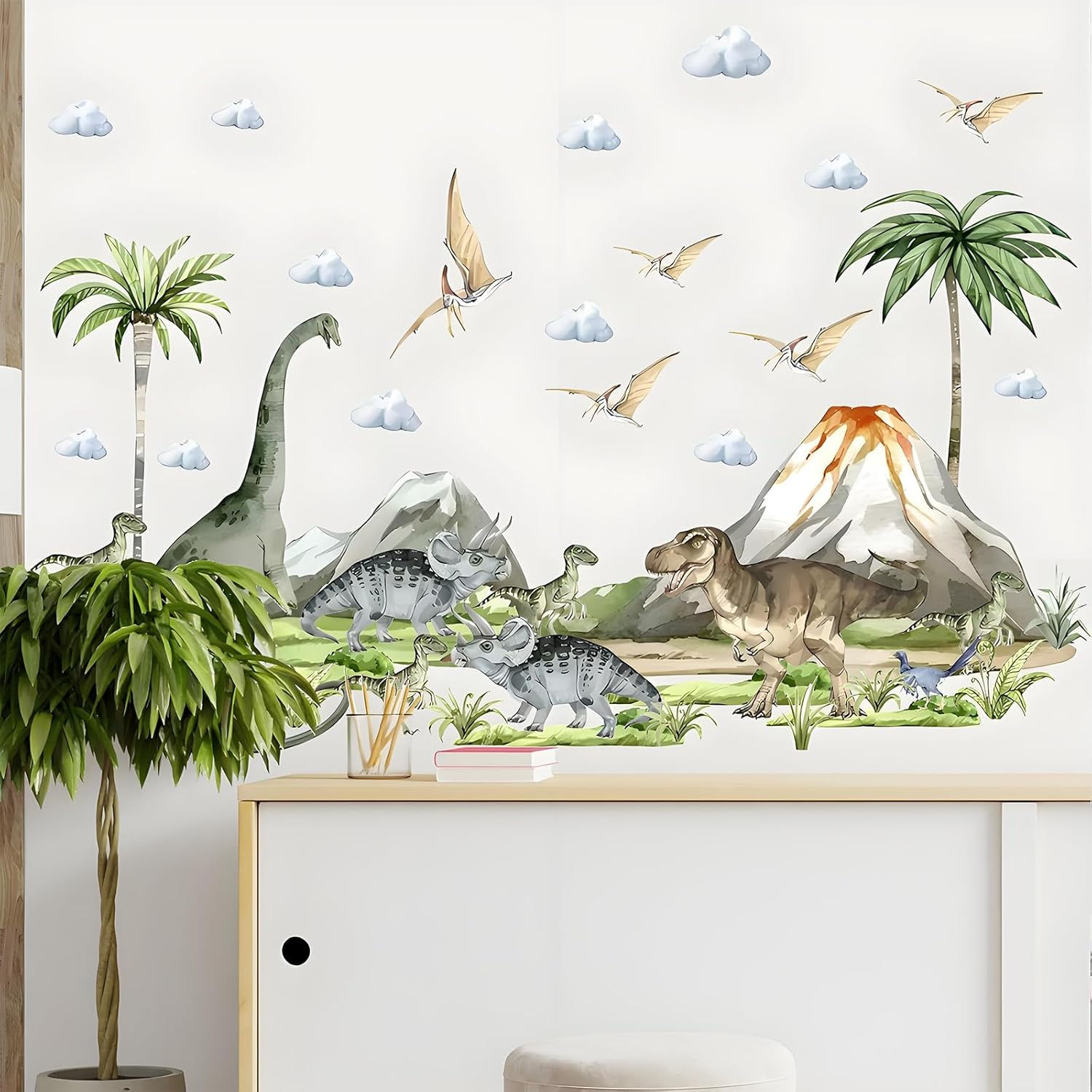 ZHIGOU Large Dinosaur Wall Sticker - Watercolor Tropical Palm Tree Wall Sticker Plant Peel off Wall Sticker - Nursery Kids Bedroom Playroom Baby Nursery Decor image number 4