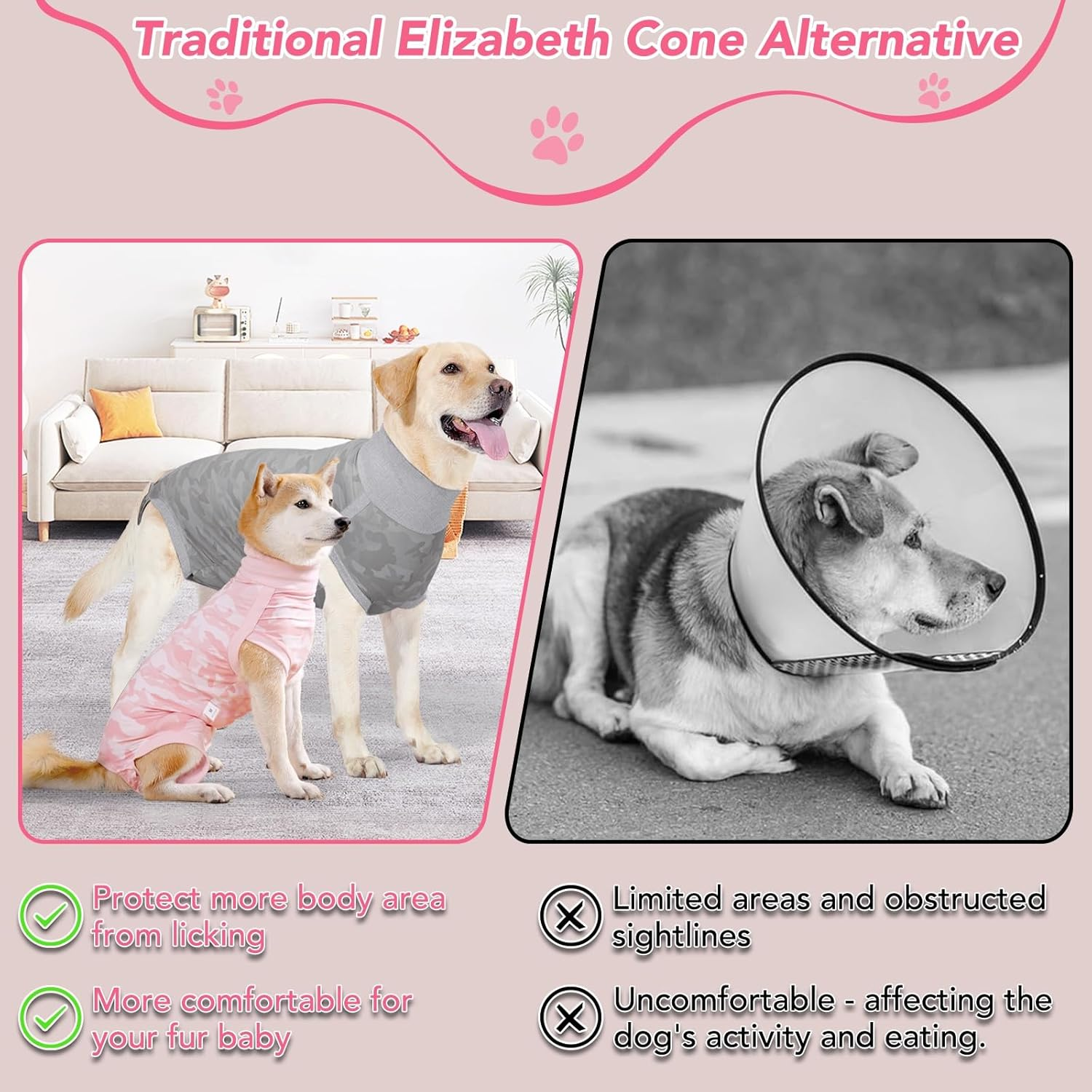 KIKNIN Recovery Suit for Dogs Cats after Surgery, Professional Dog Recovery Suit Abdominal Wounds Bandages for Female and Male Dogs,Prevent Licking Dog Onesies Pet Post-Operative Vest(Light Pink,L) image number 4