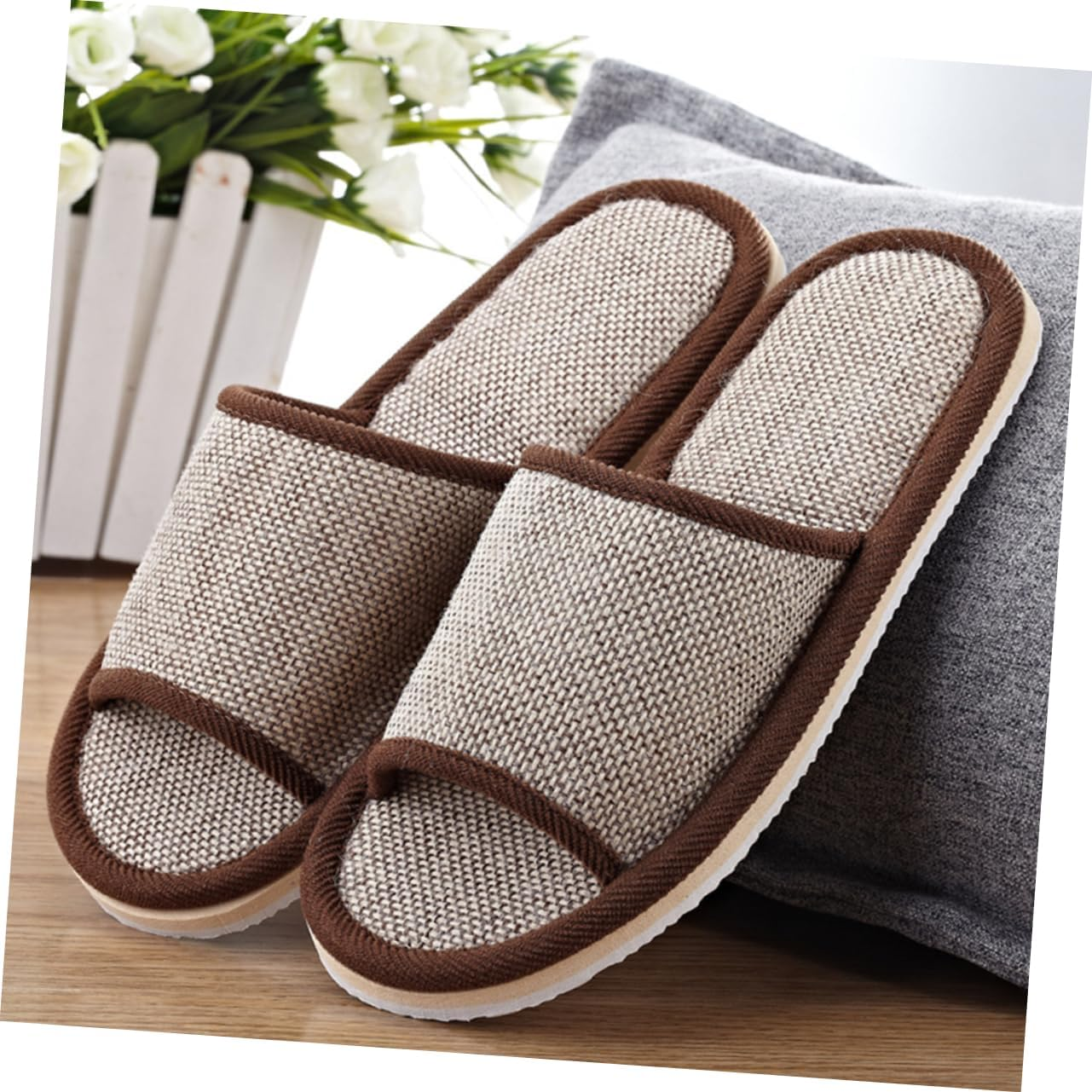 IWOWHERO 2 Pairs of 26Cm Anti-Slip Eva Open-Toe Slippers for Summer Beige Linen Slippers for Home and Hotel Suitable for Men and Women image number 5