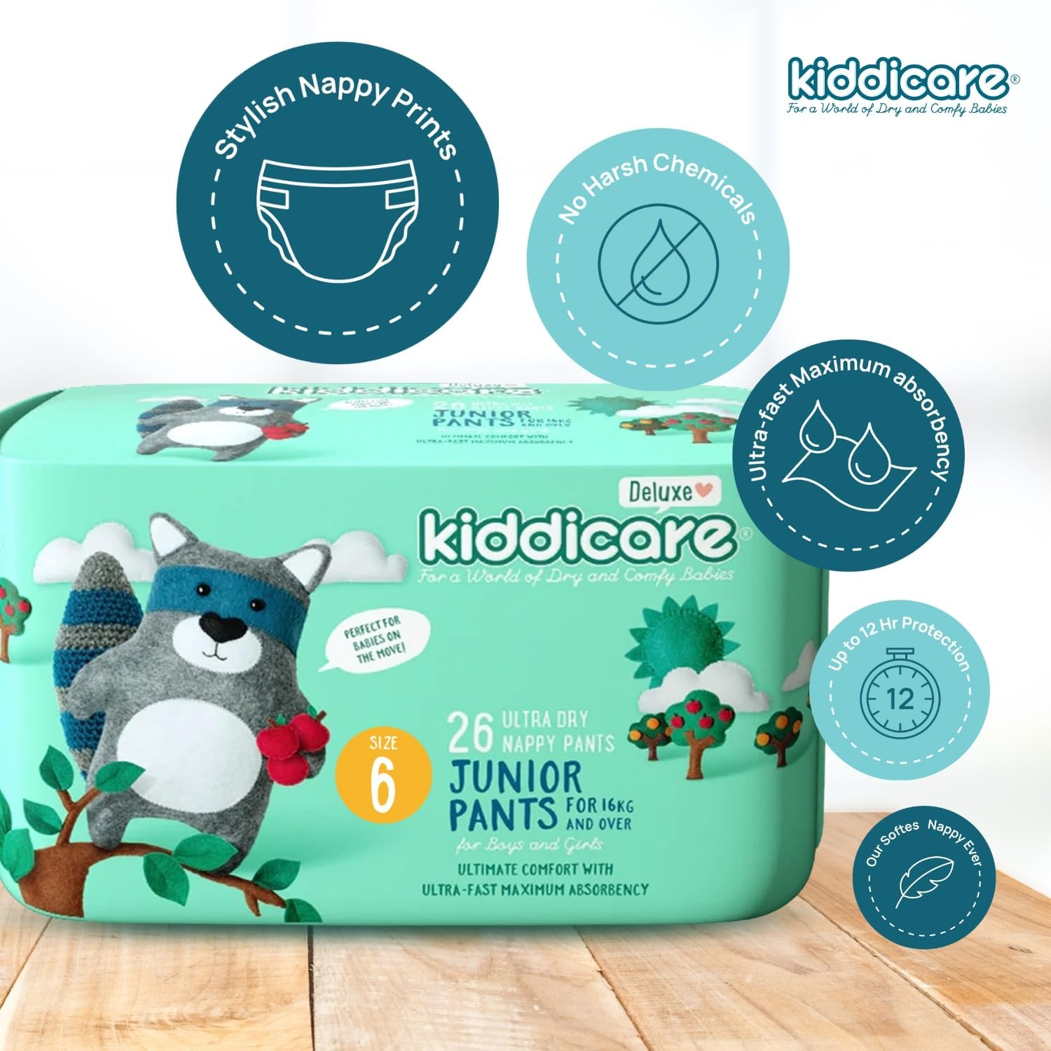 Kiddicare Deluxe Junior Baby Diaper Nappy Pants, Size 6 (16+ Kg), 26 Count, Pack of 1, Ultra-Fast 12-Hour Absorption, Leakage Protection, anti Rash, Cottony Soft & High Absorbent Technology - White image number 3