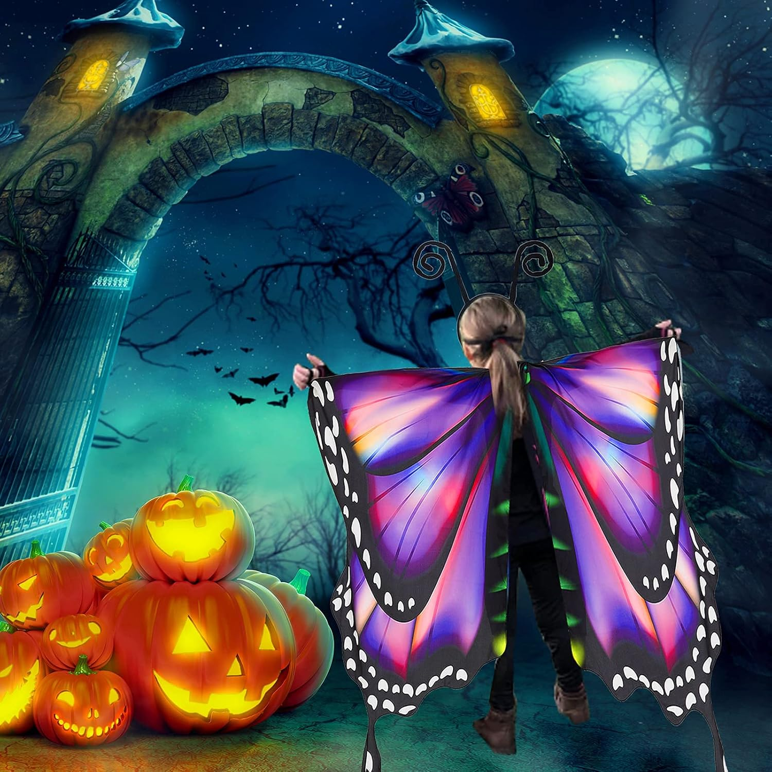 Butterfly Wings for Girls Butterfly Halloween Costume for Girls Butterfly Fairy Wings Shawl with Mask and Antenna Headband - Butterfly Purple image number 2