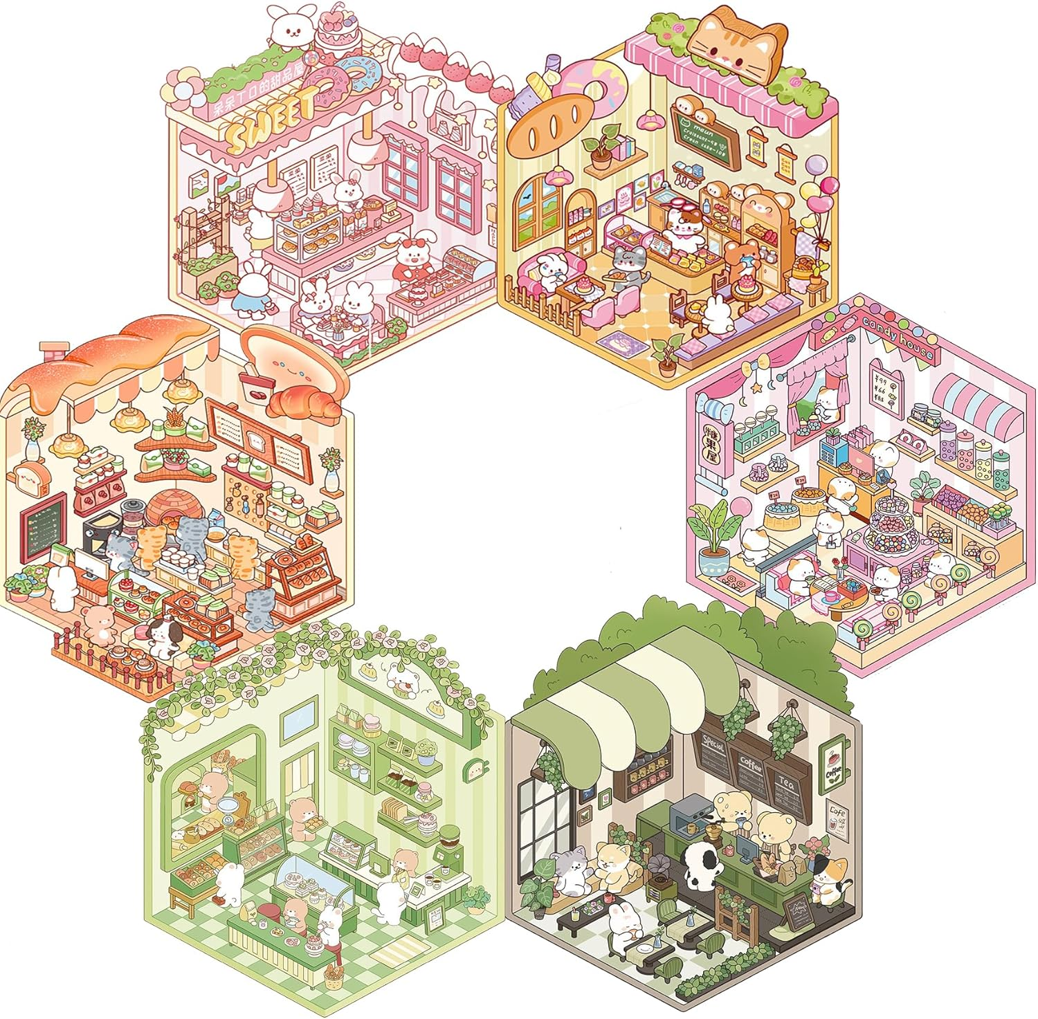 YJSPARKK DIY 3D House Stickers,6 Sets of Cute Fun Cartoon Animal Home Stickers Make Your Own Mini Shop Scenes,For Kids Girls Adults Relief Stress Pass the Time image number 4