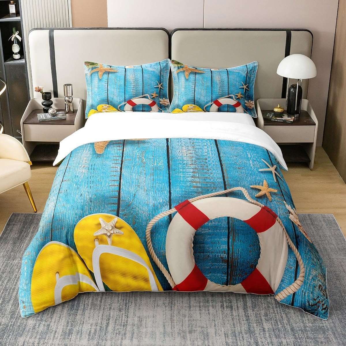 100% Cotton Ocean Comforter Cover 135 X 200 Cm, Hawaii Beach Decor Bedding Set for Children Adults, Tropical Plam Tree Duvet Cover Summer Bed Linen, Retro Sailing Boat Quilt Cover with 1 Pillowcase