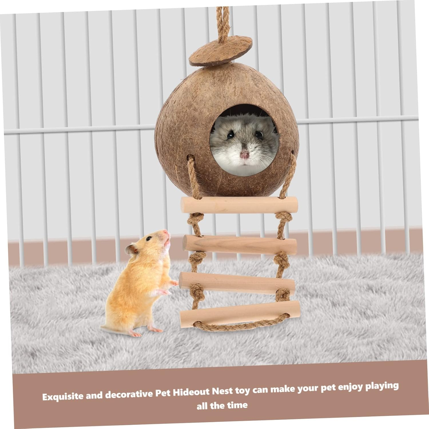 DOITOOL Wood Pet Hideout with Ladder Design, Coconut Shell Hanging Nest Toy for Hamsters and Small Animals, Bite-Resistant Climbing Habitat D&eacute;cor for Cage Playground image number 5