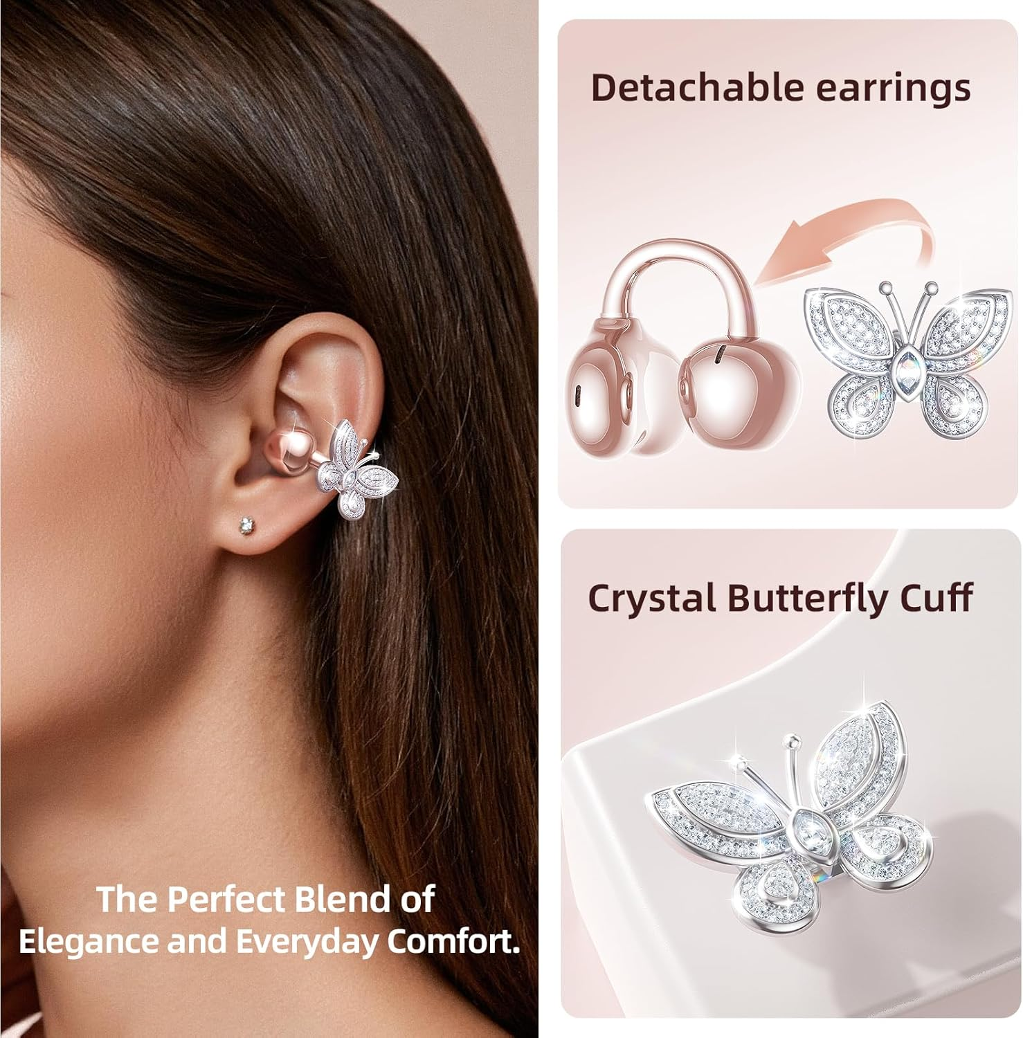 Kinglucky Stylish Open-Ear Clip-On Headphones with Detachable Earrings, Lightweight & Comfortable Fit, Fashionable Open-Ear Earbuds for Women, Ideal for Work, Running, and Daily Wear Pink (Butterfly) - Rose Gold image number 3