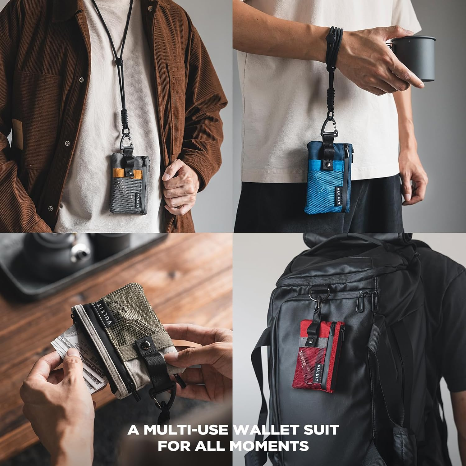 VULKIT Small RFID Wallet for Women & Men - Minimalist Zipper Wallet with ID Window, Keychain & Carabiner, Holds 15 Cards, Water Resistant Travel Lanyard Wallet Aauagreen Purple - Black image number 5