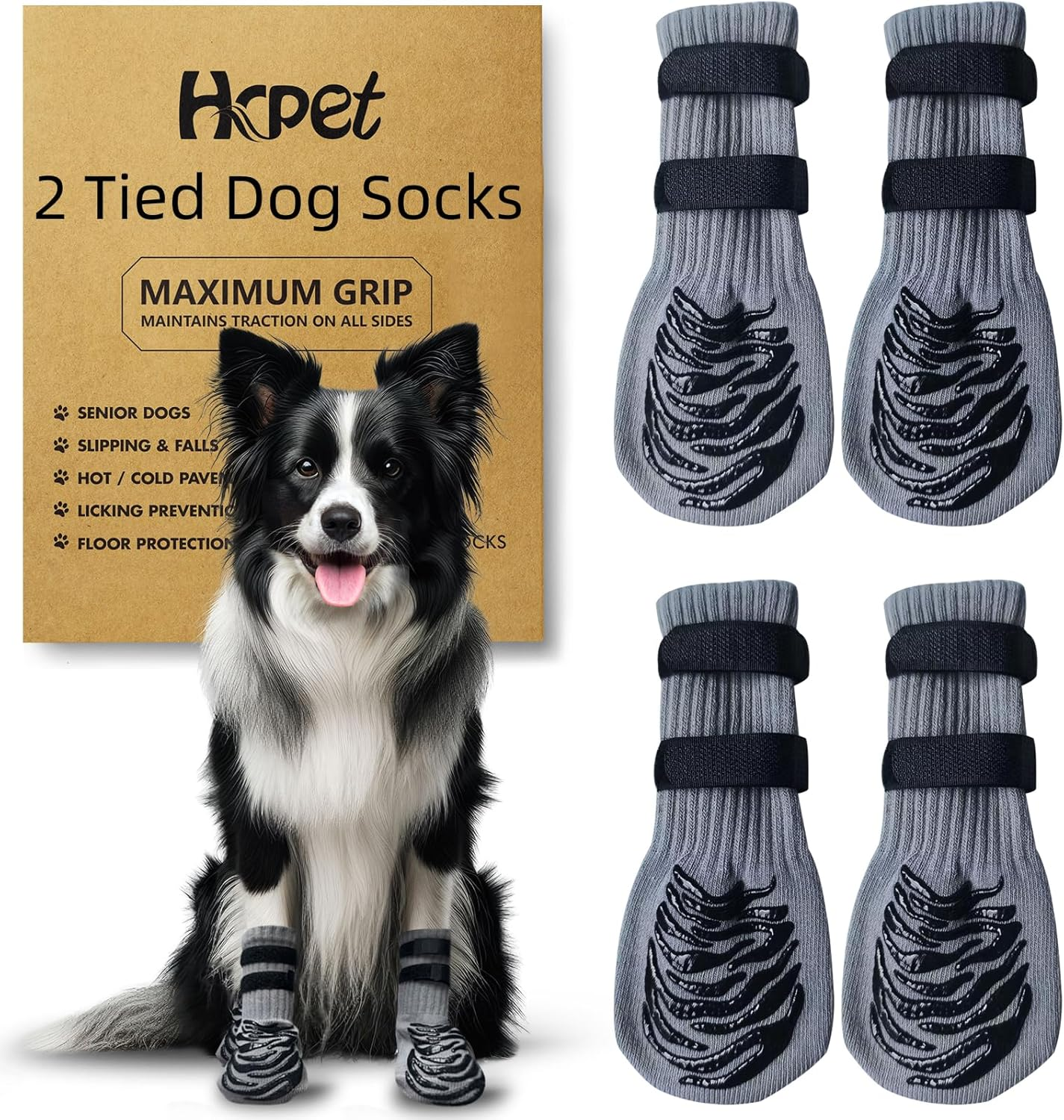 Anti-Slip Dog Socks with 2 Adjustable Straps for Hardwood Floors and Pavements, Paw Protection for All Breeds (Grey, M) image number 5