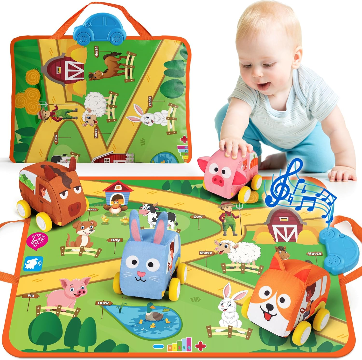 Coogam Farm Animals Toys for Year Old Toddlers, Soft Pull-Back Vehicle Set with Audible Play Mat Rug, Baby Fine Motor Skills Playmat Game Montessori Learning Gift image number 3