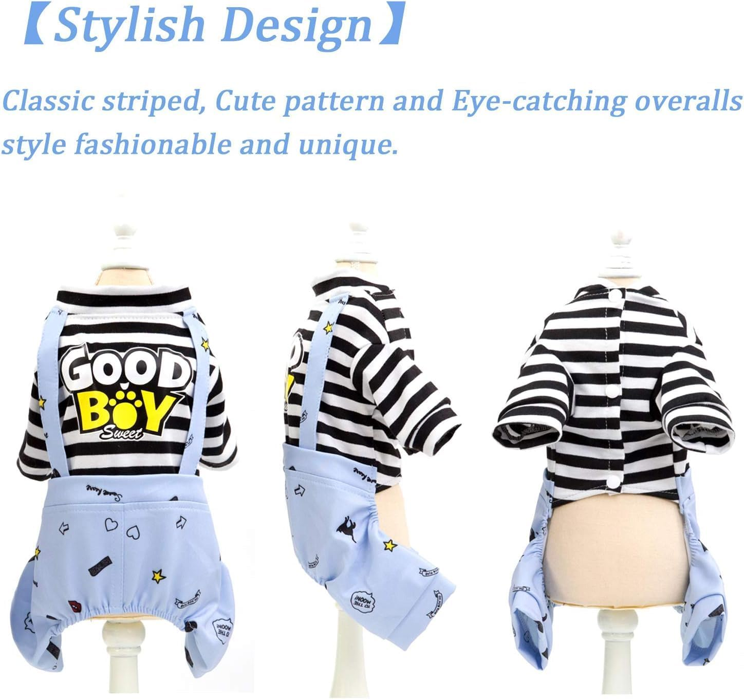 Dog Jumpsuit, Striped Puppy Pajamas, Cute Doggie Kitten Onesies Pjs Jumpers, Soft Cotton Shirt, 4 Legs Apparel Pet Clothes Outfits for Small Medium Large Dogs Cats Kitty Boy Girl (Blue, M) image number 4