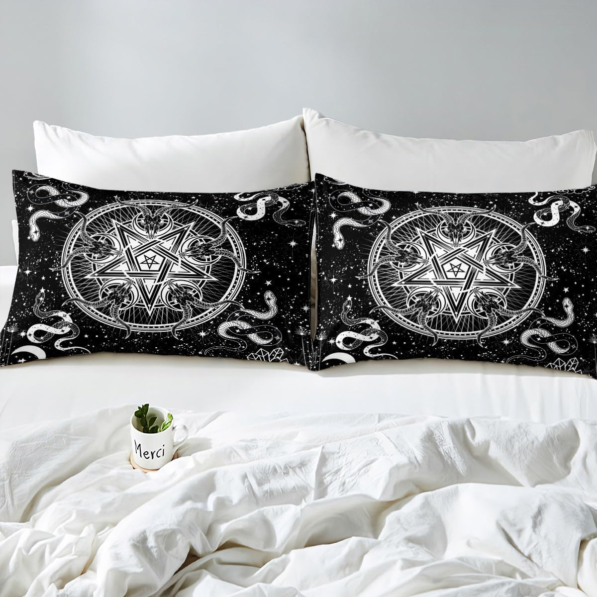 Bull Skull Black White Duvet Cover Set L Size, Sun Moon Starry Sky Bedding Set, Gothic Stars Snake Diamond Comforter Cover Children Girls Boys Room Decor Exotic Boho Quilt Cover image number 1