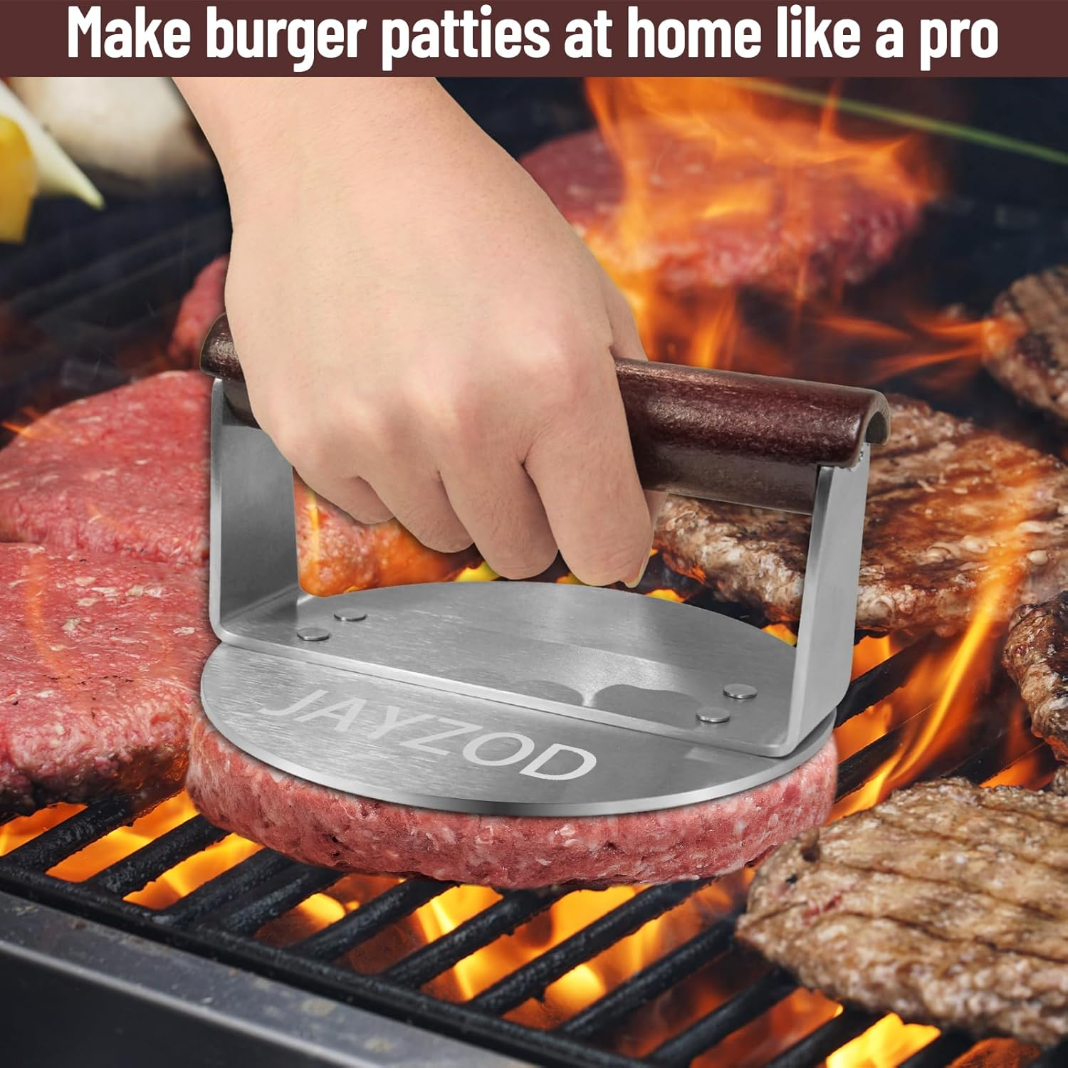 5.98" Stainless Steel Burger Press,720G round Burger Smasher with Wood Handle,Heavy Duty Smooth Non-Stick Meat Press for Cooking Burgers, Steaks, Bacon, Sausages, BBQ image number 1