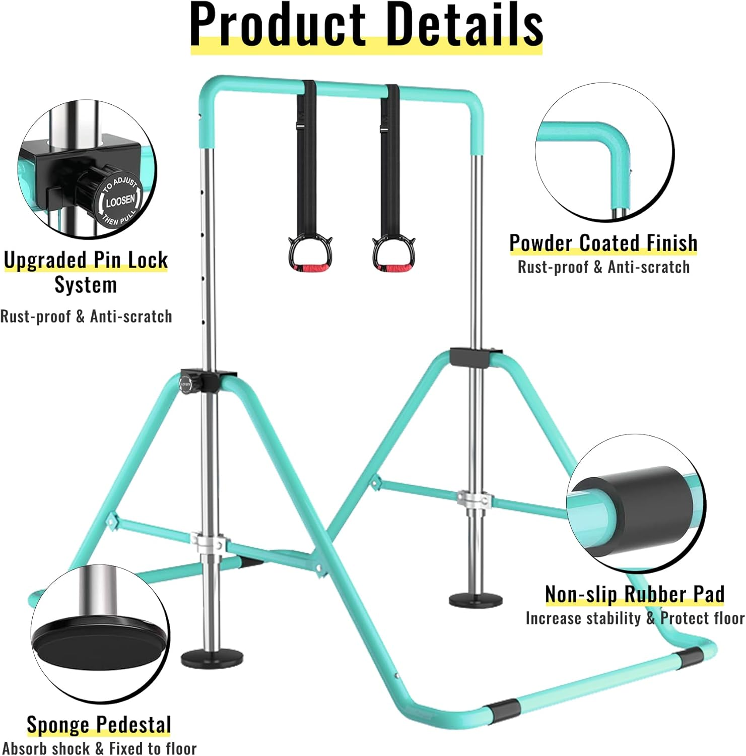 WATBKHE Gymnastic Bars for Kids, Horizontal Bars with Adjustable Height, Folding Gymnastic Training Kip Bar with Rings, Expandable Bars for Boys and Girls, Gymnastic Training Equipment for Home - Basic- Purple image number 3