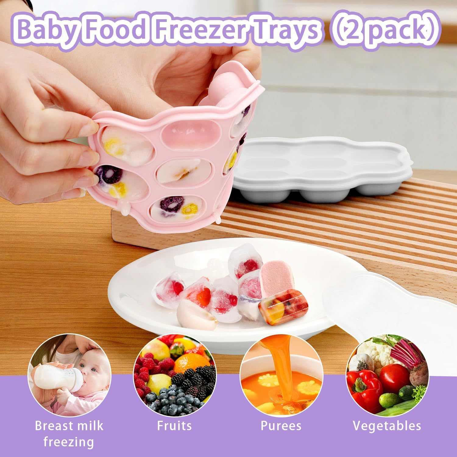 Baby Silicone Fruit Food Feeder Pacifier, 2 Pack Freezer Tray Set for Babies-Breastmilk Storage Container and Freezer Tray-Teething Popsicle Molds for Soothing Relief image number 2