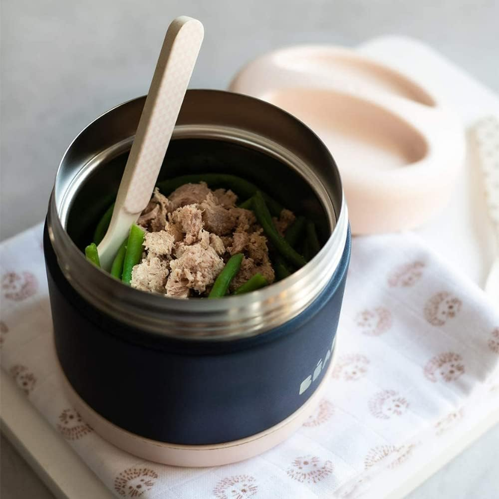 BEABA 500Ml Insulated Food Flask for Hot & Cold Meals - 100% Airtight Stainless Steel Thermo Food Jar for Baby, Kids & Travel, Thermal Double-Layer Hot Food Container (Light Pink/Night Blue)