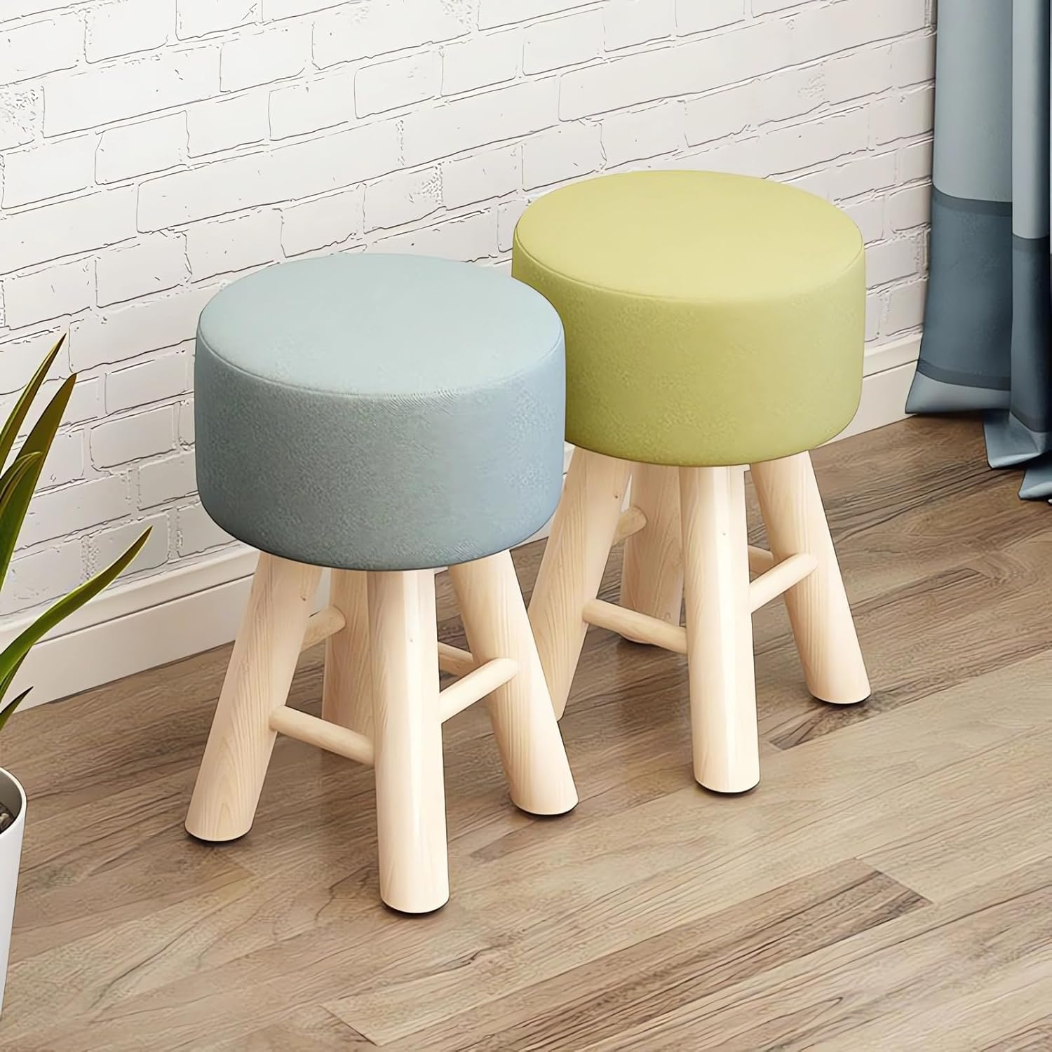 Round Ottoman Footstool, 28 X 28 X 42 Cm, Wooden Legs, Fabric Cushion Top A269 (Green) image number 4