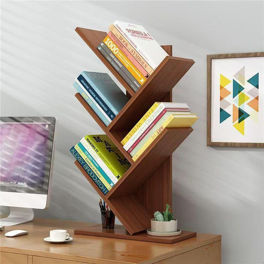 Hbluefat Tree Bookshelf, 5-Tier Wooden Desktop Small Bookshelf and Mini Bookcase for Office, Home or School Desk Book Shelf for Displaying Books, Cds, Magazines Wood Storage Rack (Teak)