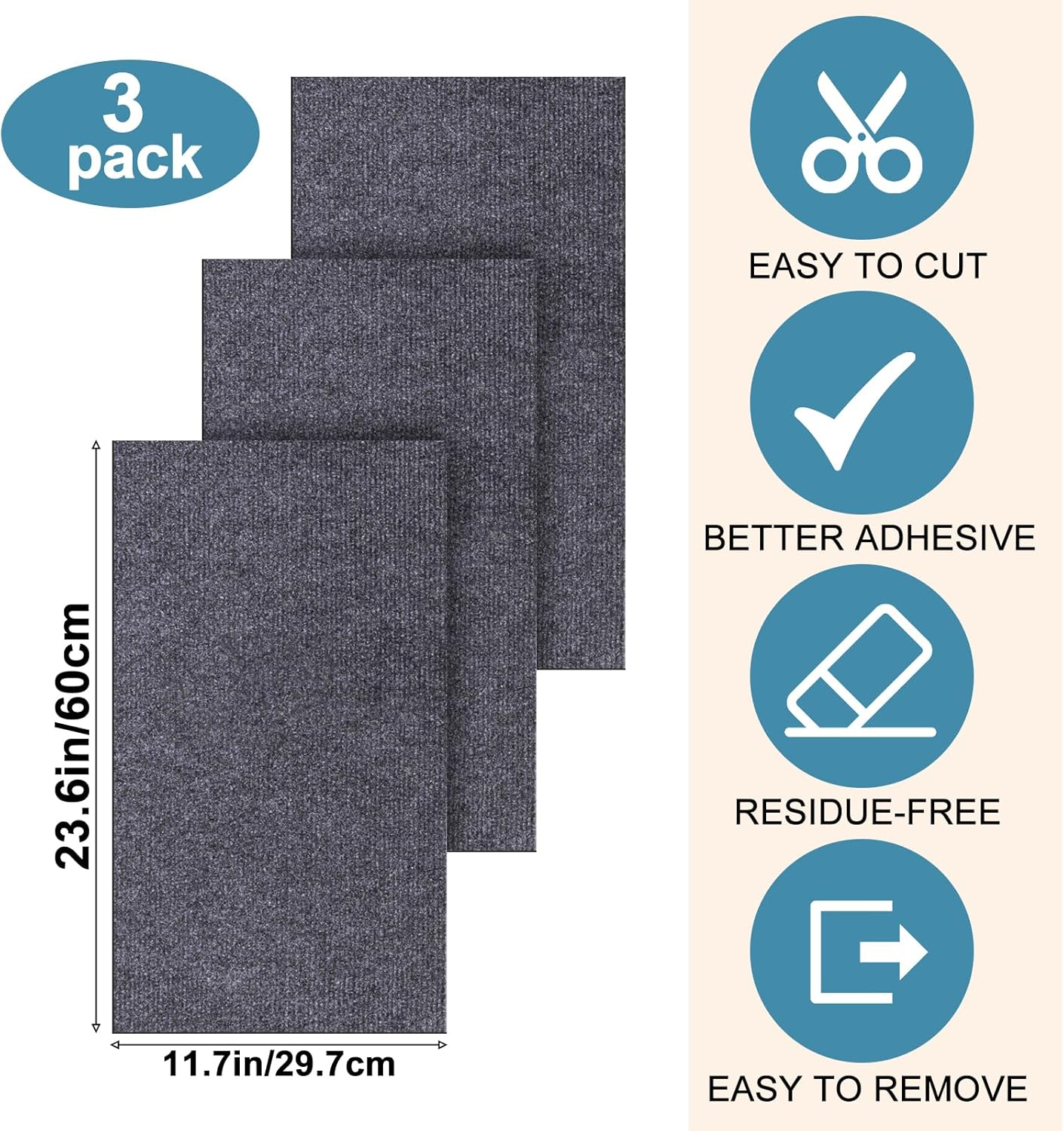 XANGNIER DIY Climbing Cat Scratcher Mat,3 Pack Trimmable Self Adhesive Cat Scratching Pads,23.6"X11.7"Cat Scratching Protector Board for Couch Furniture Wall Corner Cat Tree Post Carpet Shelf Shelves image number 3