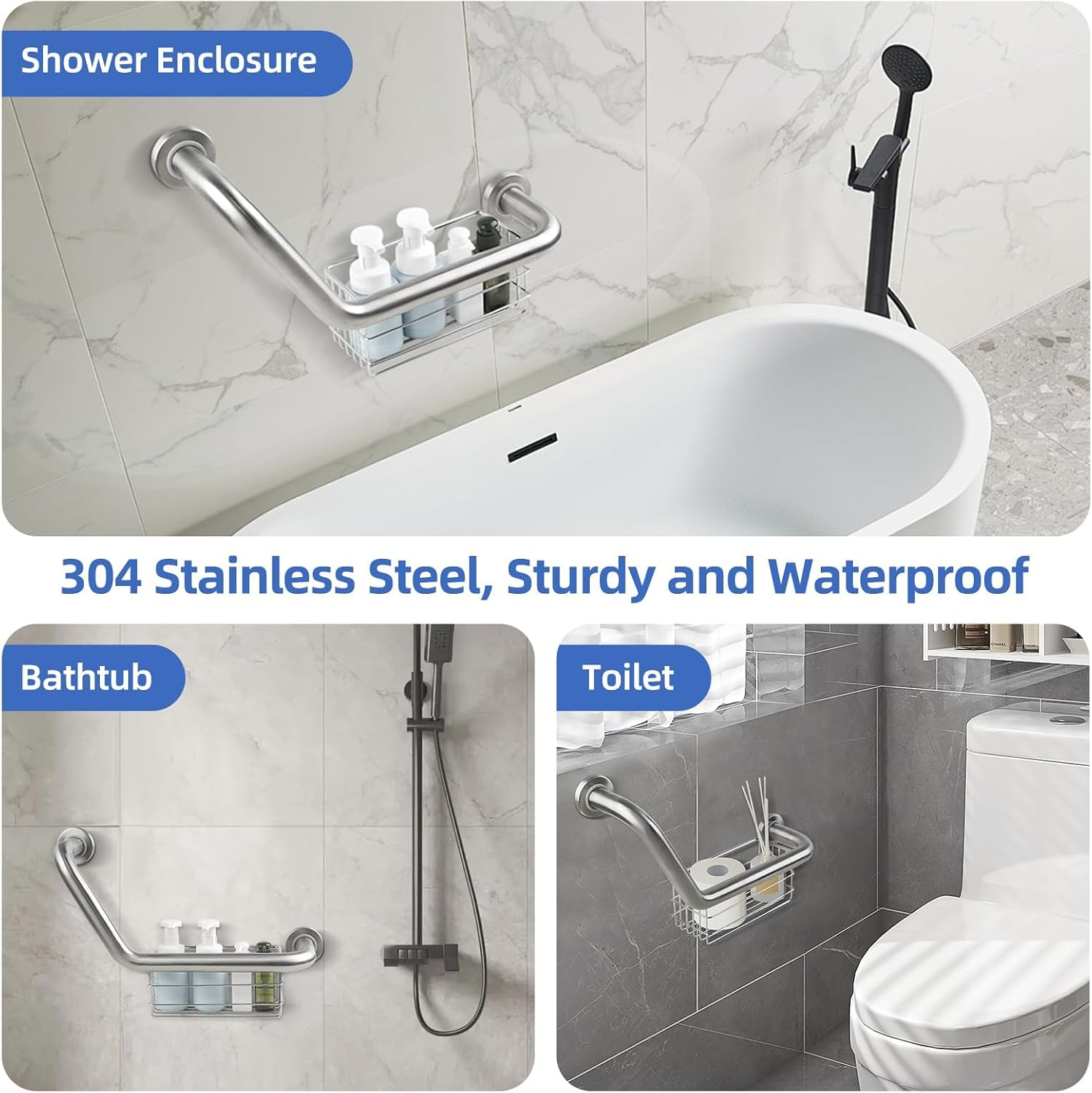 16 Inch Angled Grab Bar with Storage Basket, Handicap Grab Bar for Elderly, Stainless Steel, Grab Bars for Shower, Bathroom Mobility Aid, Heavy Duty 550Lbs Support image number 1