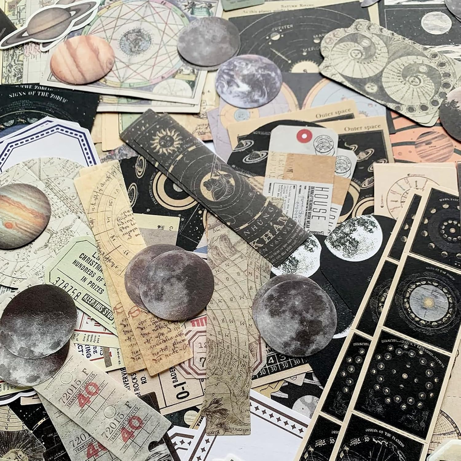 AUXIN 200 Pcs Vintage Scrapbook Supplies Pack for Art Junk Journal Planners Journaling Bullet, Artistic Celestial Notebook Collage Album Aesthetic Picture Supplies DIY Paper Stickers Craft Kits image number 3