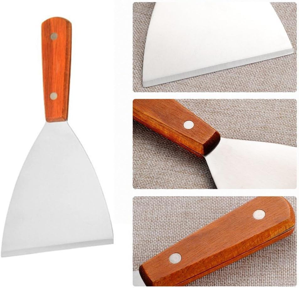 Afzoryxn 2 Pieces Stainless Steel Grill Griddle Scraper with Wooden Handle, Grill Slant Edge Flat Scraper,Grill Griddle Scraper,Barbecue Cooking Shovel for BBQ Grill Teppanyaki Dough Pancake Pizza
