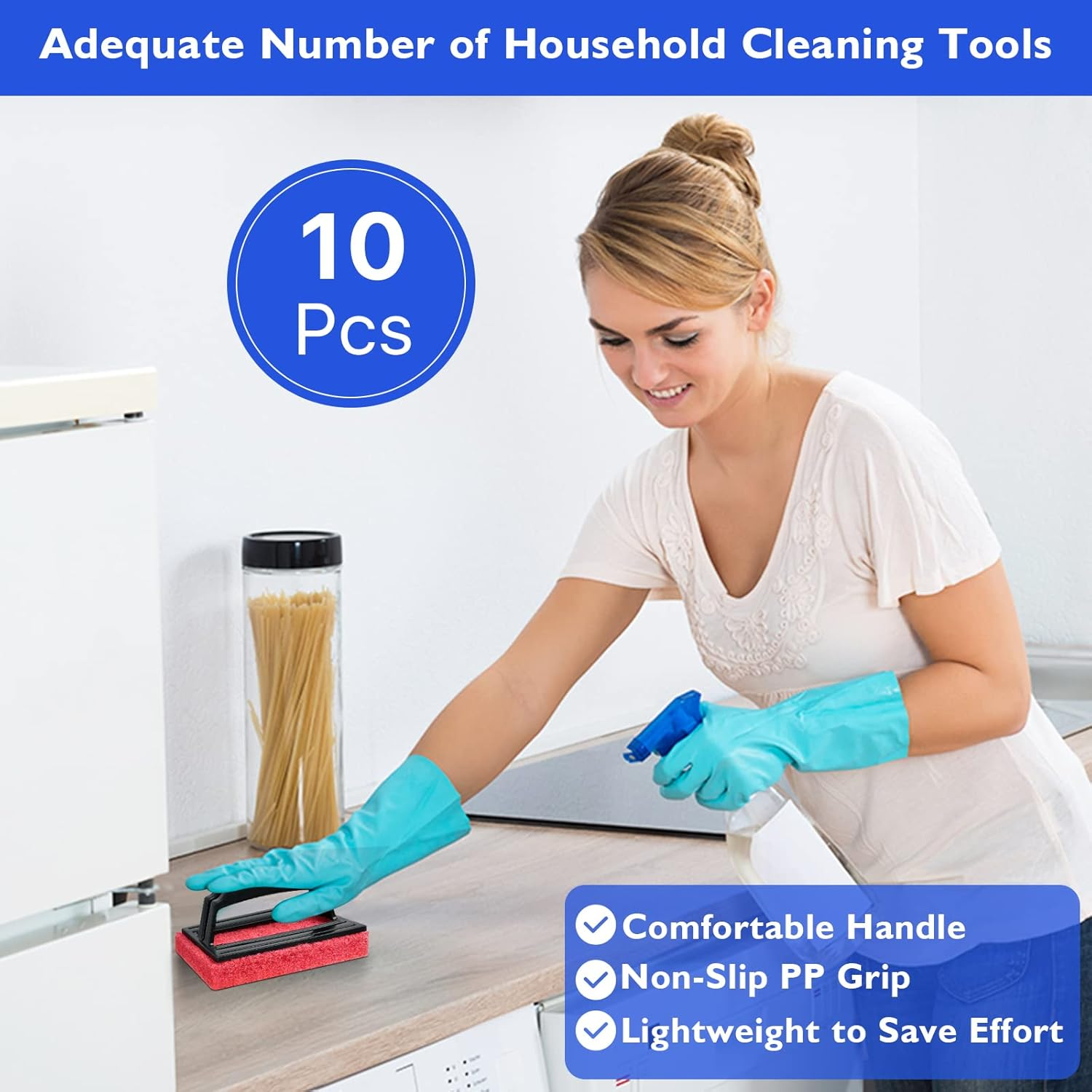 Aemygo Grill Cleaning Kit with Handle, 10 Pcs Heavy Duty Griddle Scrubber, Scouring Pads Brush Cast Iron Cleaner for Blackstone, Oven, Kitchen, Bathbub image number 5