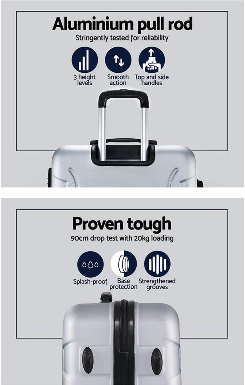 3Pc Lightweight Durable Hard Shell Luggage Trolley Travel Suitcase Set - Silver