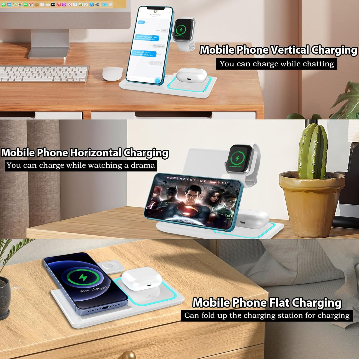 3 in 1 Wireless Charging Station,15W Fast Wireless Charging Station,Universal for Android and Iphones Wireless Charger for Iphone 16/15/14/13/12 Pro & Max Series,Airpods,Apple Watch（White） - B image number 5