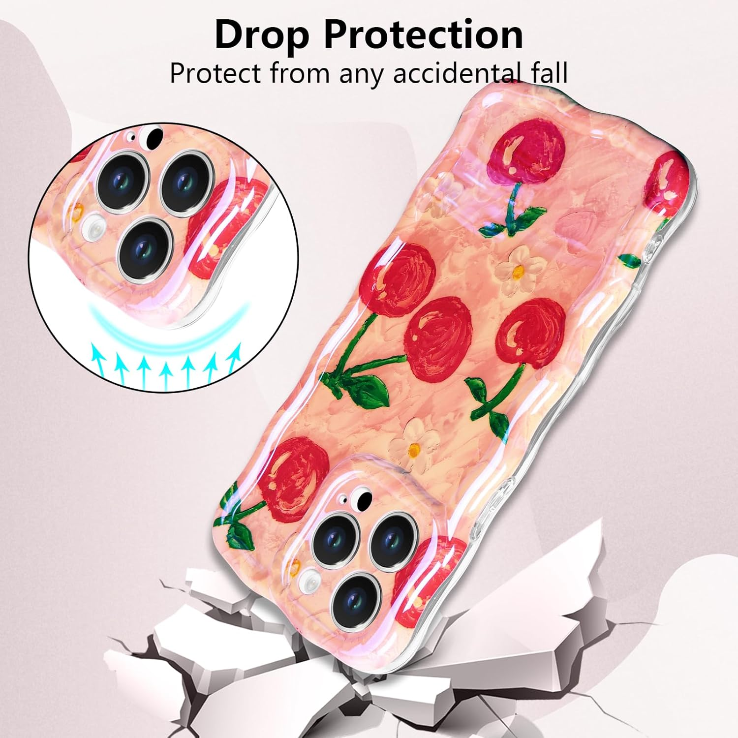 Tcaraersing for Iphone 14 Pro 6.1" Girly Case, Glossy Colorful Retro Oil Painting with Cherry Pattern, Cute Curly Wave Frame Exquisite Soft TPU Mobile Cover for Girls Women image number 1