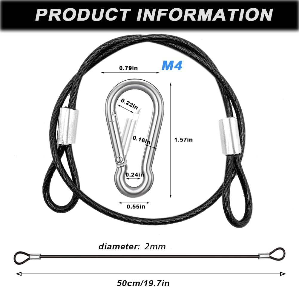 CKANDAY 10 Pack 20 Inch(50Cm) Stainless Steel Tethers with 4 Pcs Spring Snap Hook Clips, Steel Wire Cable with Loops Vinyl Cover Coated Short Rope Lanyard Lock Tether Chains, Black - 15Pcs-20Cm-Black image number 4