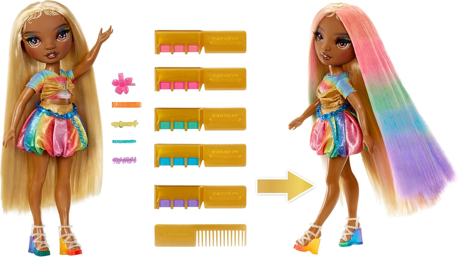 Rainbow High Hair Chalk & Style Doll - Meline - 28 Cm Rainbow & Gold Doll, Washable Hair Chalk, Colour, Style, Play, Rinse, & Repeat, for Children Ages 4 to 12+ image number 6