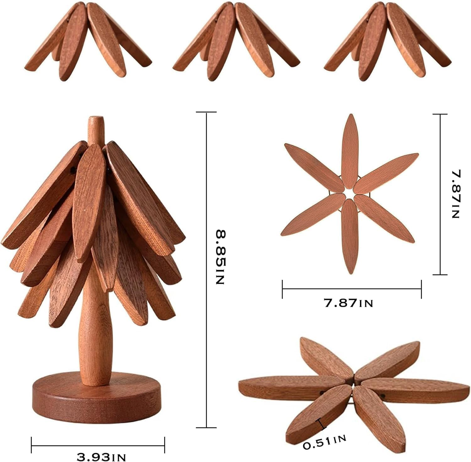 Bamboo Trivets for Hot Dishes, Wooden for Hot Dishes/Pot/Bowl/Teapot/Pot Holders, Trivet 4-Piece Set, Natural Foldable Wooden Trivet, Tree Shape Set (Dark 3 Trivets) image number 6