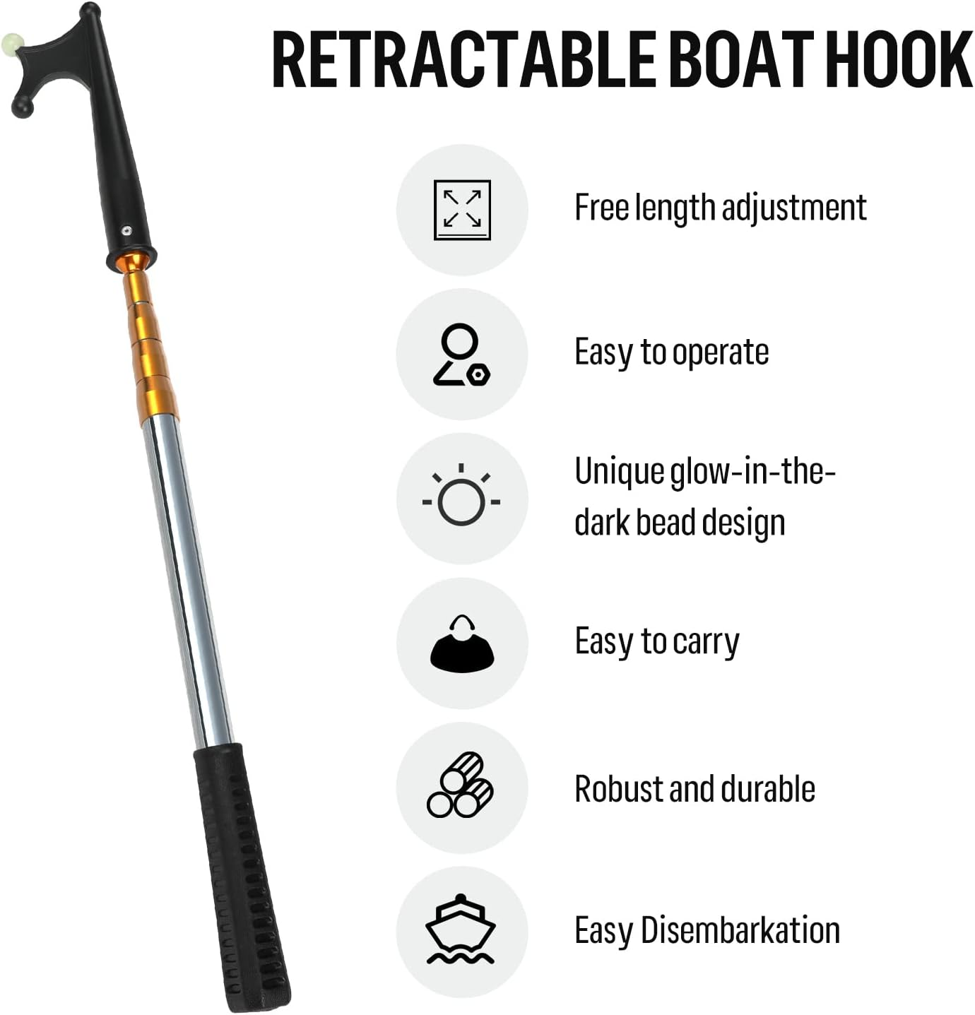 KOMCLUB Telescopic Boat Hook Stainless Steel Boat Push Hook Rod with Luminous Beads Docking Telescopic Rod TPR Non-Slip Handle Boating Accessories Hook Boat Device（Blue/Gold/Black） image number 5