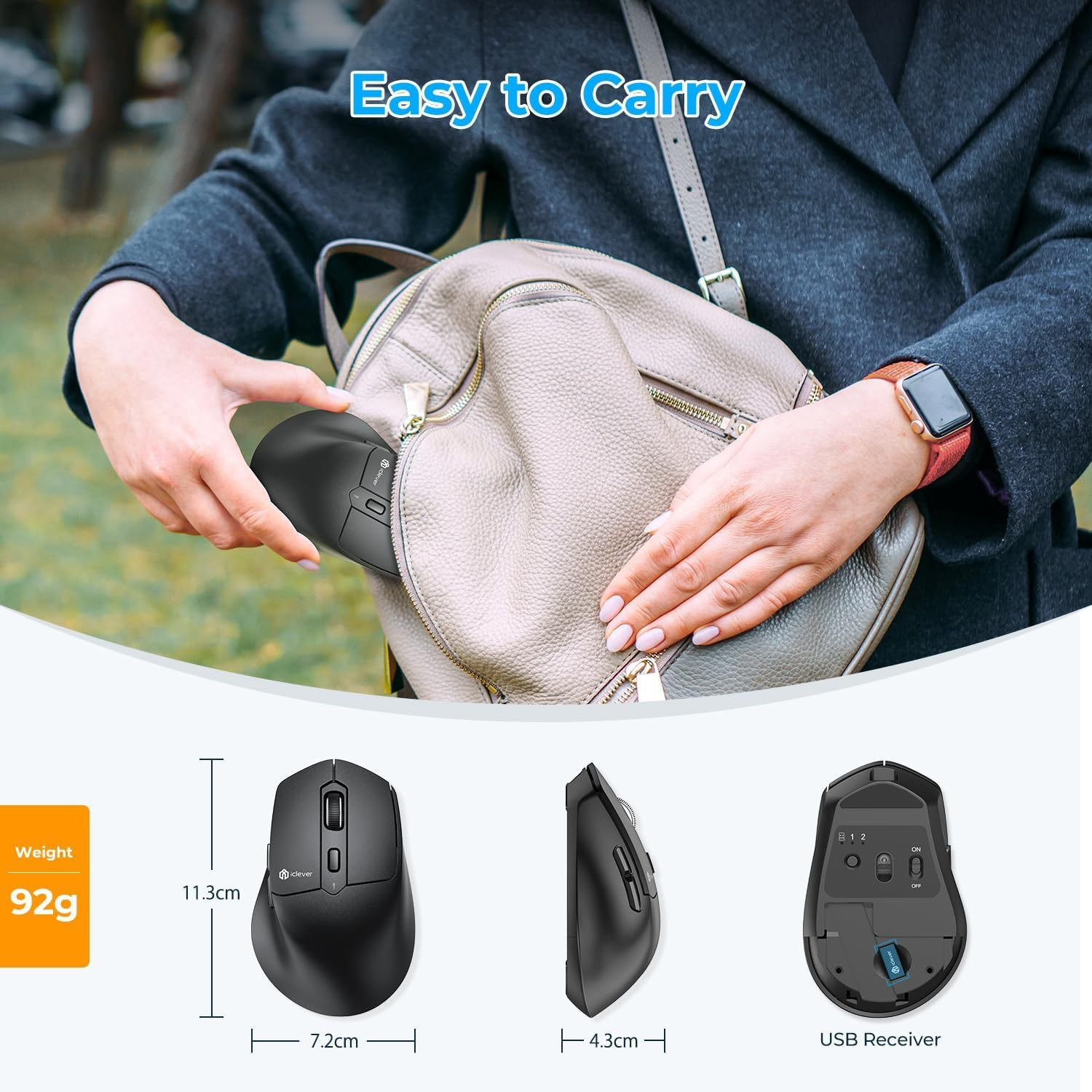 Iclever MD360 Ergonomic Bluetooth Mouse with Mouse Jiggler, Wireless Rechargeable Mouse, BT&2.4G for 3 Devices Connection, 4 Adjustable DPI, Silent Click, Compatible with Ipad/Mac/Pc image number 6