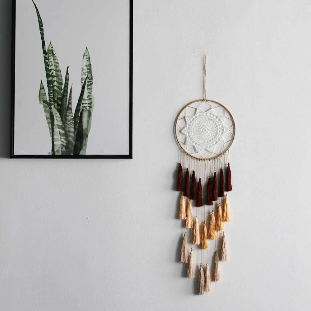 Macrame Dream Catchers for Bedroom Tassel Wall Hanging Handmade Dreamcatchers Home Decor with Ornament Craft Blessing Gift(Brown and Yellow) image number 2