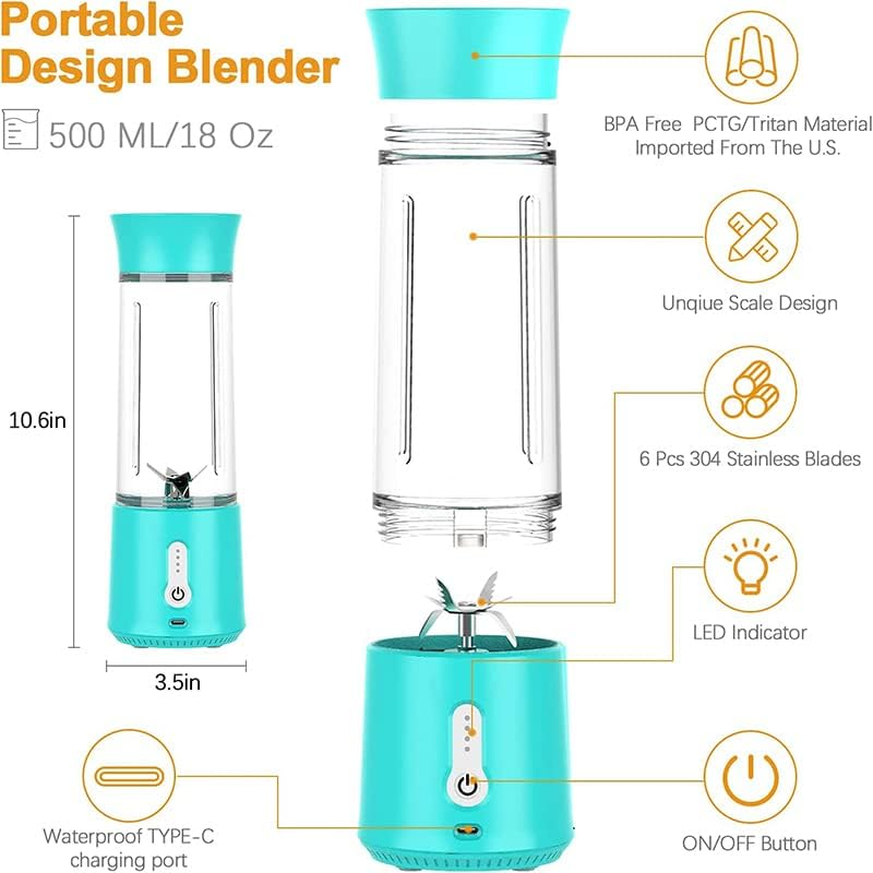 AIMALL Portable Juice Blender Electric Fruit Juicer Smoothie Mini Blender with USB Rechargeable 3D 6-Blades, 18Oz (500Ml), Bpa-Free, Self-Cleaning, Compact for Travel & Home Use - Blue image number 7