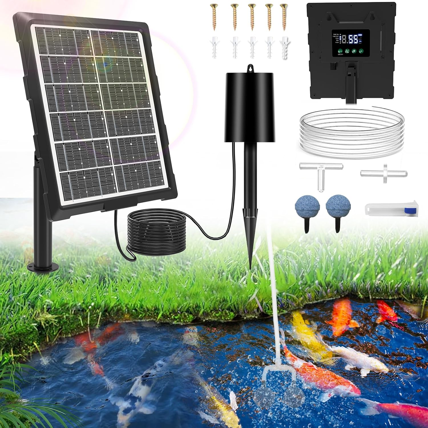 Upgraded Digital Display Solar Pond Aerator, 3 Working Modes(Low/Med/High) Solar Aerator for Outdoor Ponds with Timing Function, Solar Air Pump with Bubble Regulator for Small Ponds, Fish Tanks