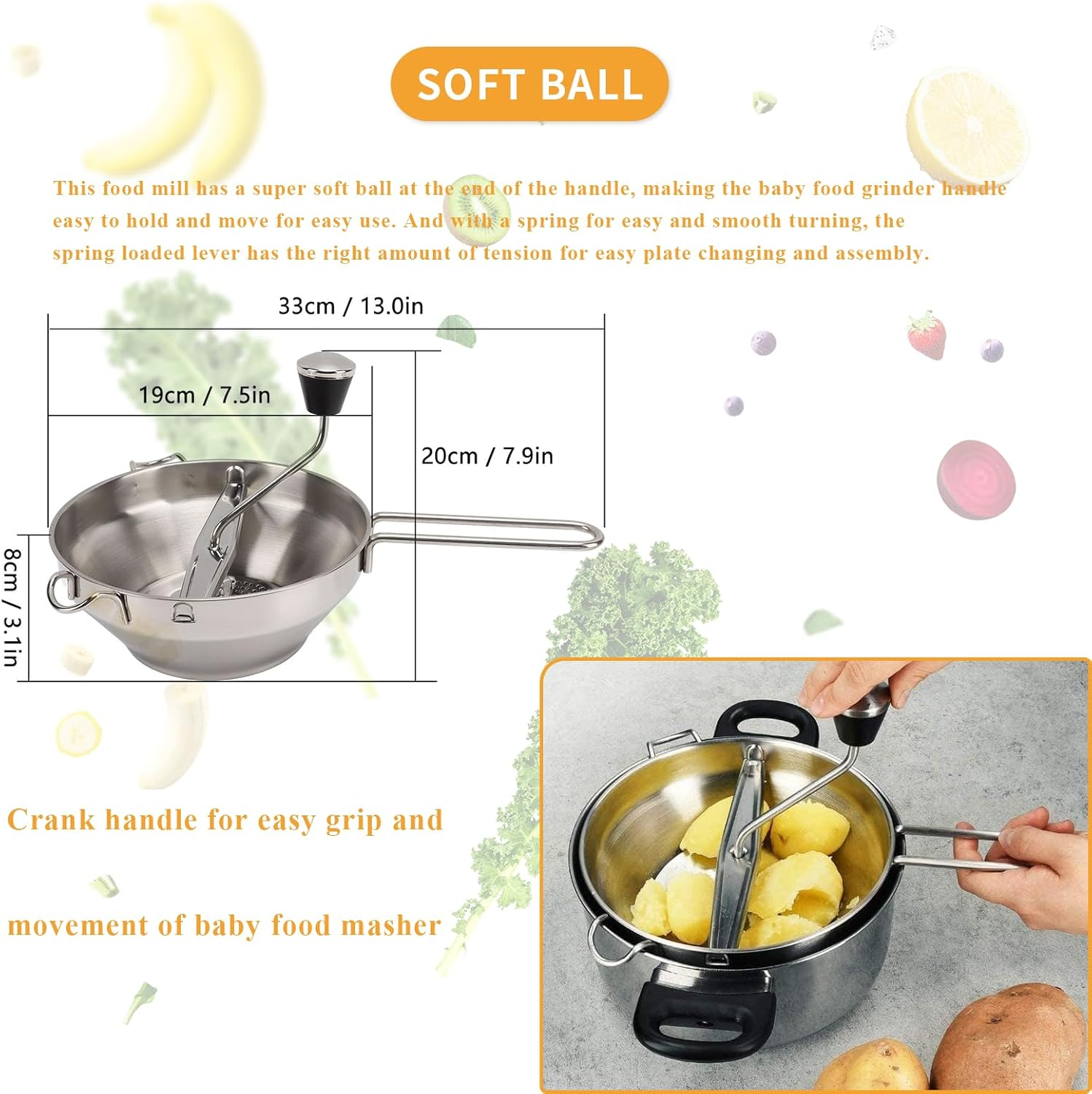 Food Mill Stainless Steel, Food Mill with 3 Discs, Handle Baby Food Grinder Hand Crank, the Rotary Food Mill for Tomato Sauce, Potatoes, Baby Food or Canned Goods image number 5