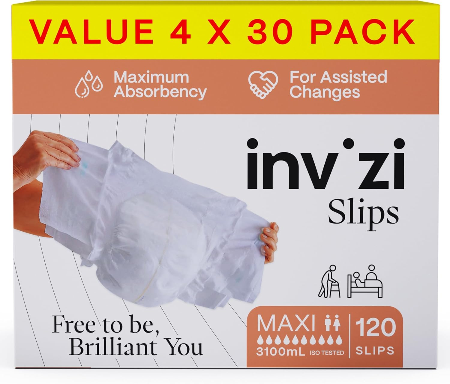 Invizi Slips Maxi Xx-Large Adult Nappy &ndash; Tab-Fastened Incontinence Slip with Ultra-High Absorbency, Breathable Comfort, Odour & Leak Protection &ndash; Discreet Day & Night Confidence (4 X 30 Pack) image number 1